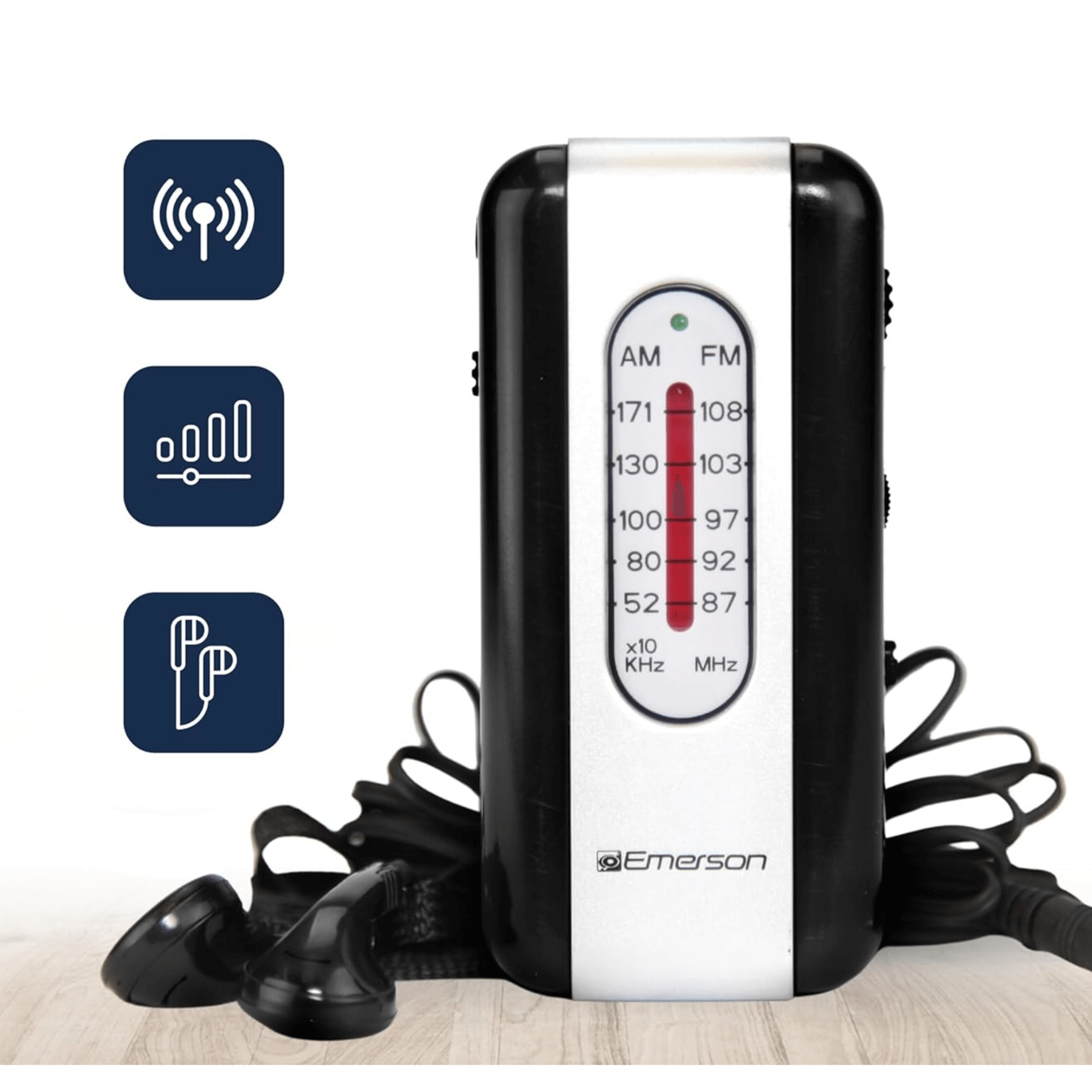 Emerson Portable AMFM Radio with Earbuds and Wide Frequency Range of Stations
