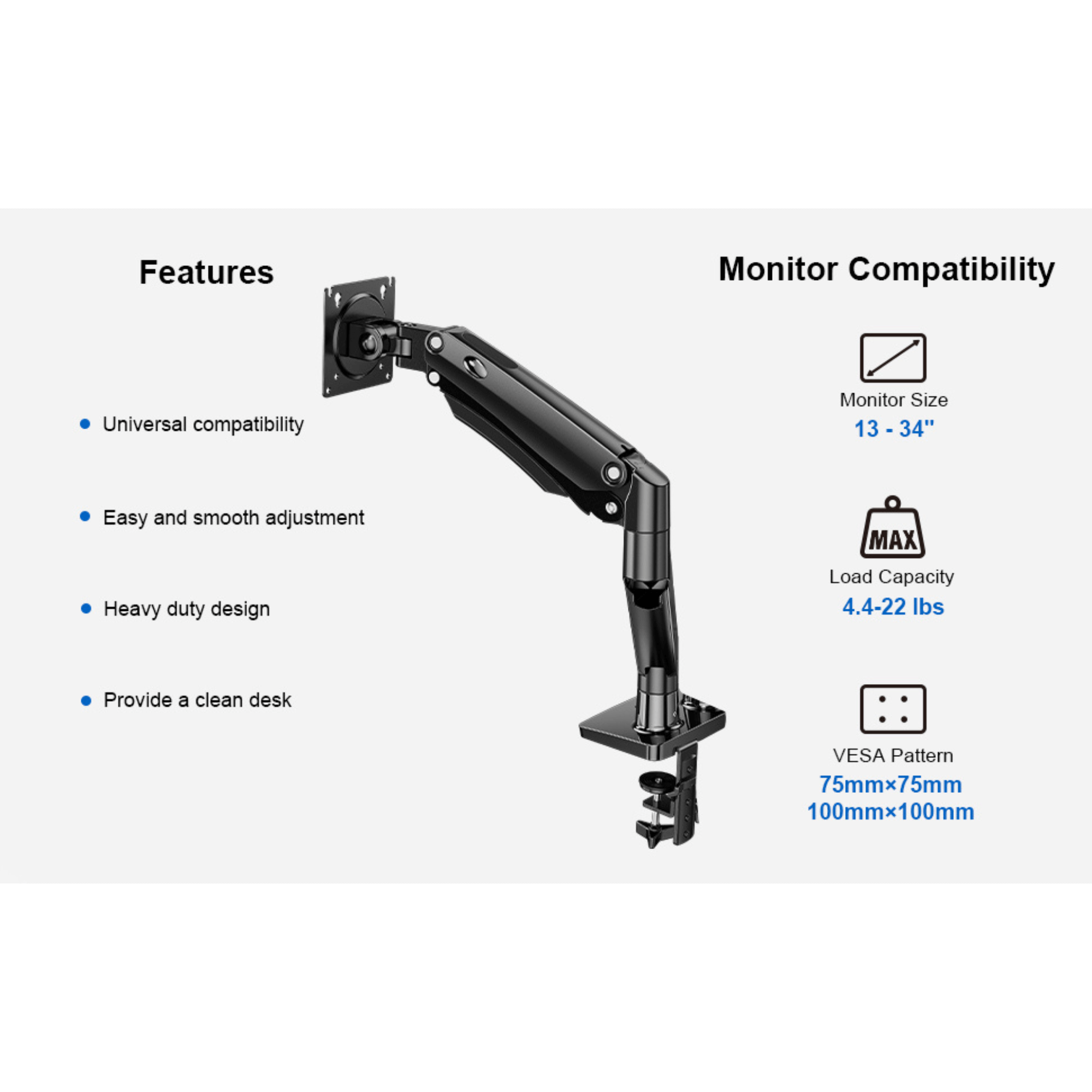 ErgoAV ErgoLink Motion Desk Mount for Single Monitors up to 34" and 22 lbs