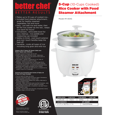 Better Chef 5-Cup - 10-Cup Cooked - Rice Cooker with Steamer