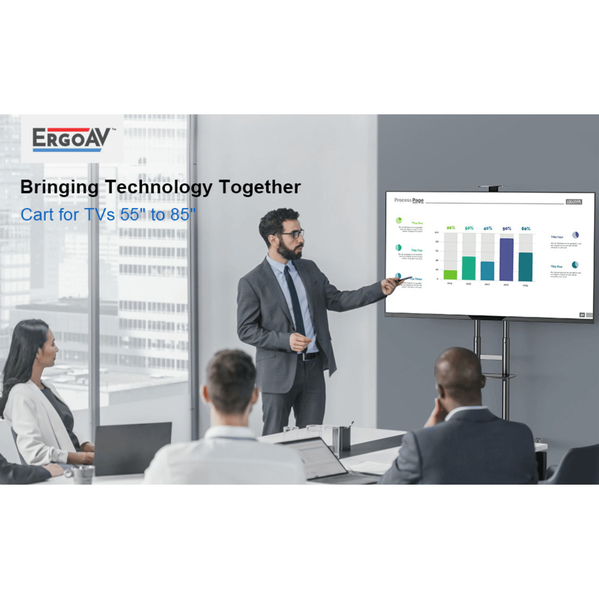 ErgoAV Movable Height-Adjustable Cart with Camera Shelf for TVs 49" to 85"