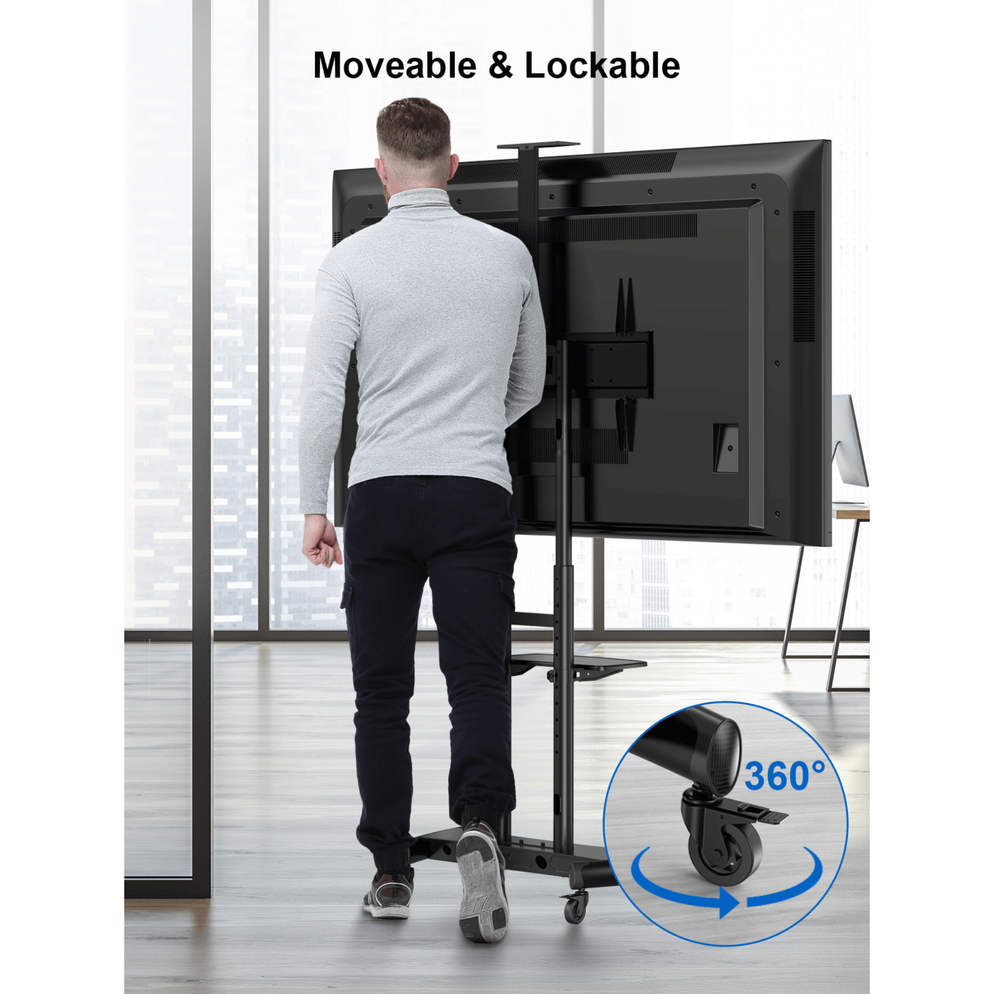 ErgoAV Movable Height-Adjustable Cart with Camera Shelf for TVs 49" to 85"