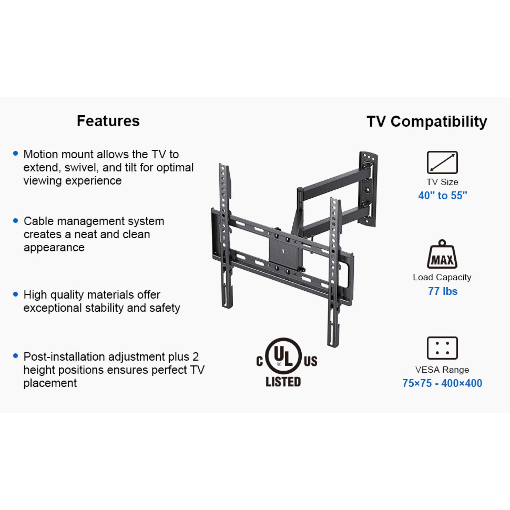 ErgoAV Single Stud Motion Mount for TVs 40" to 55" and up to 77lbs