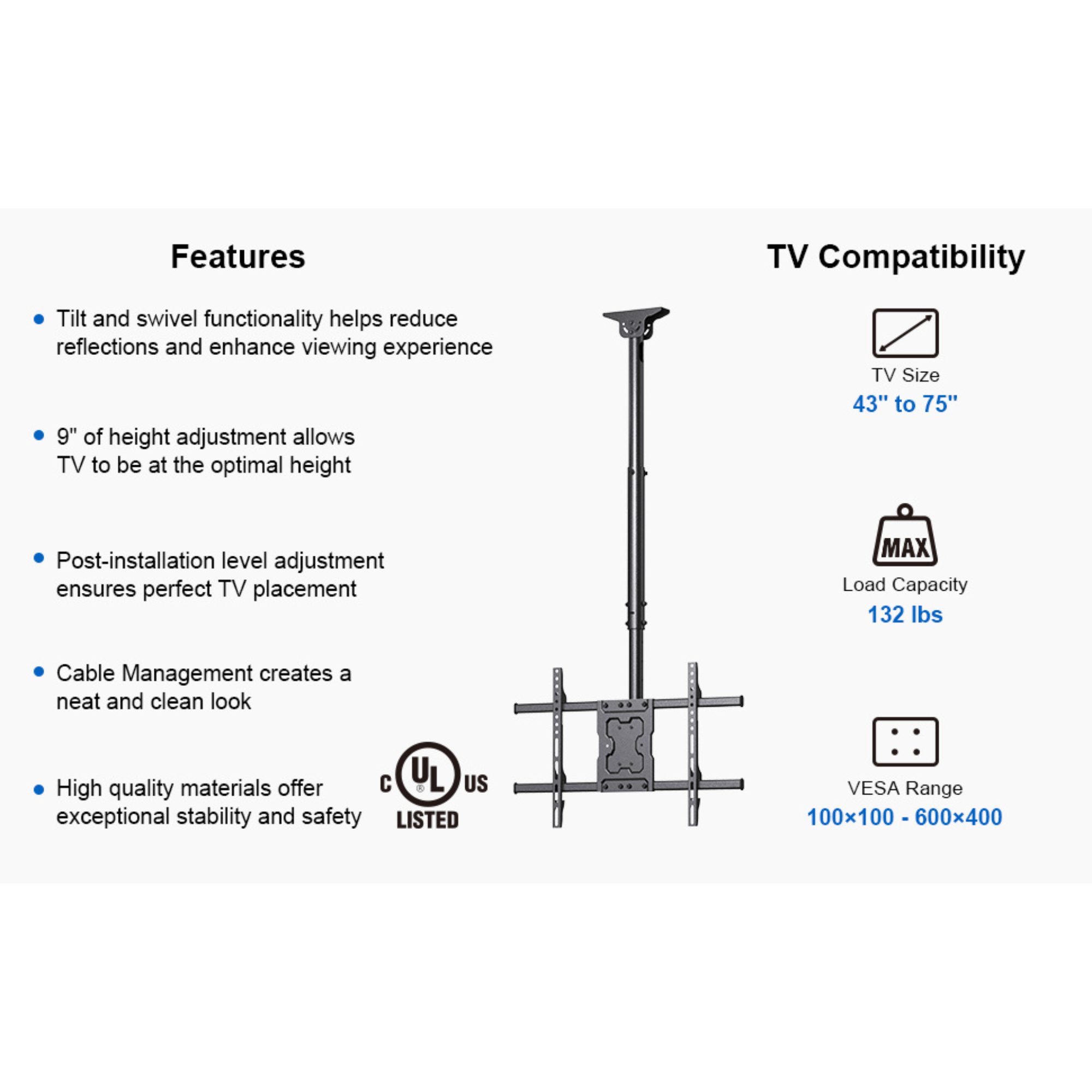 ErgoAV Ceiling Mount for TVs 43" to 75"