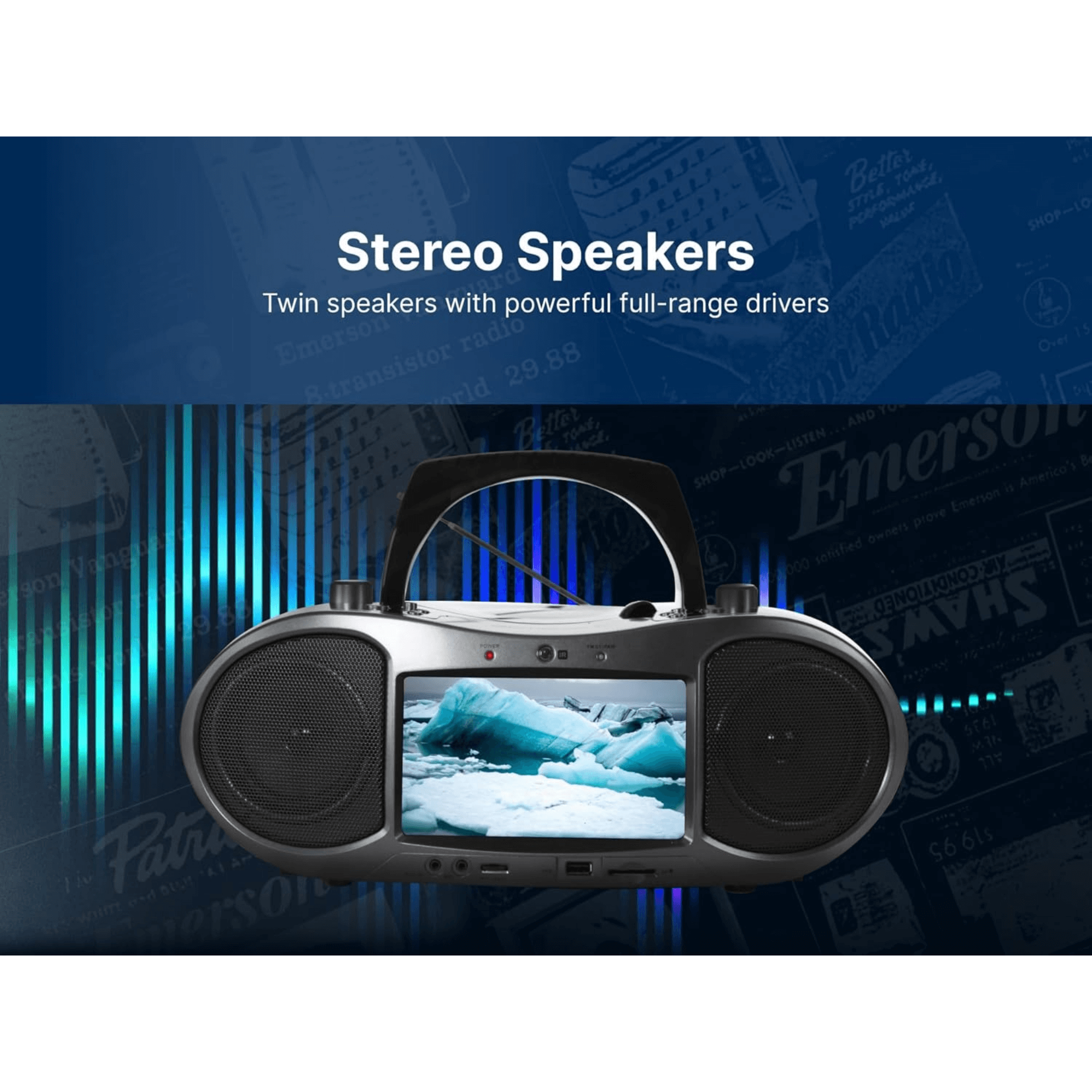 Emerson 7” Bluetooth DVD Boombox with HD-INPUT AM/FM Radio and Stereo Speakers