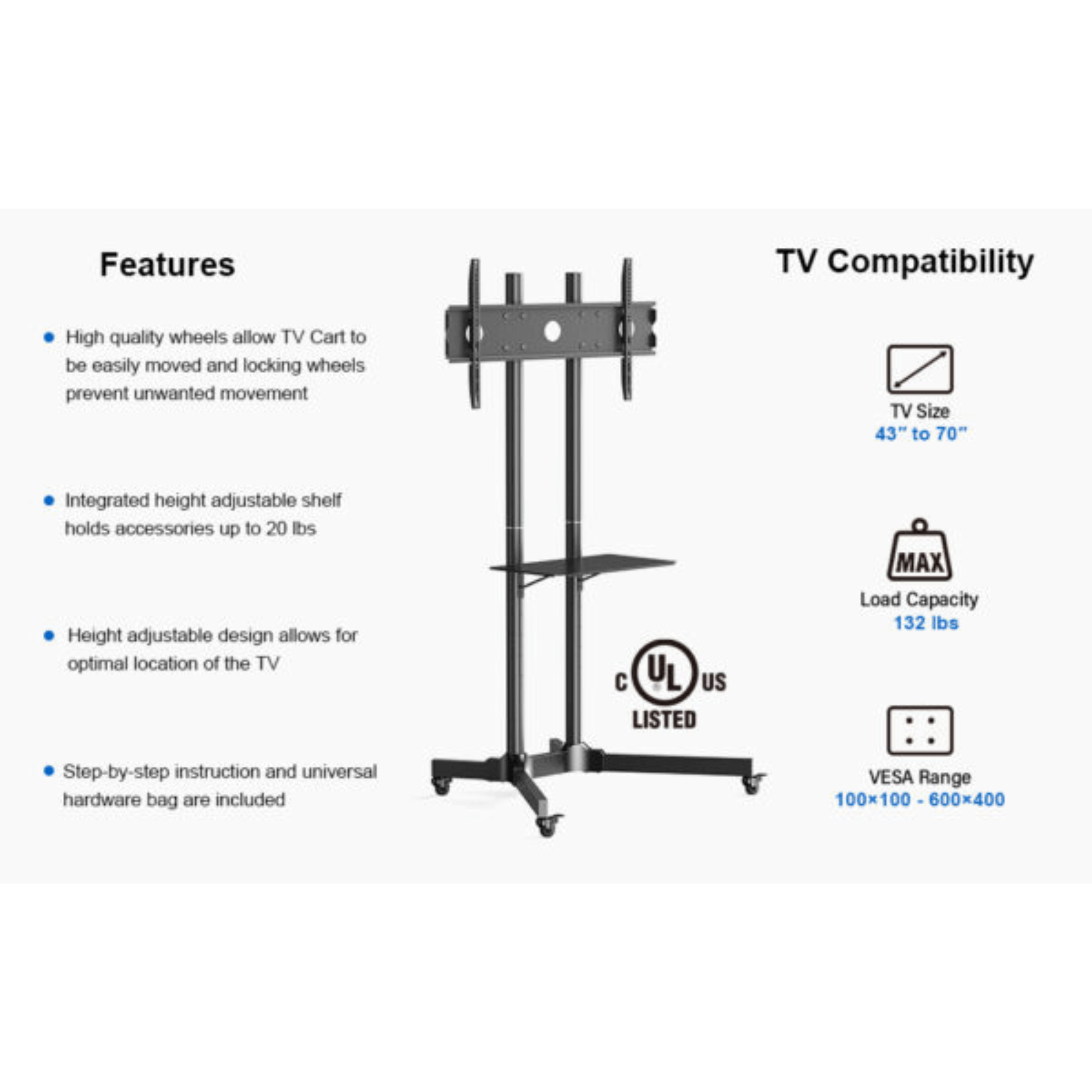 ErgoAV Movable Height-Adjustable Cart for TVs 40" to 75"