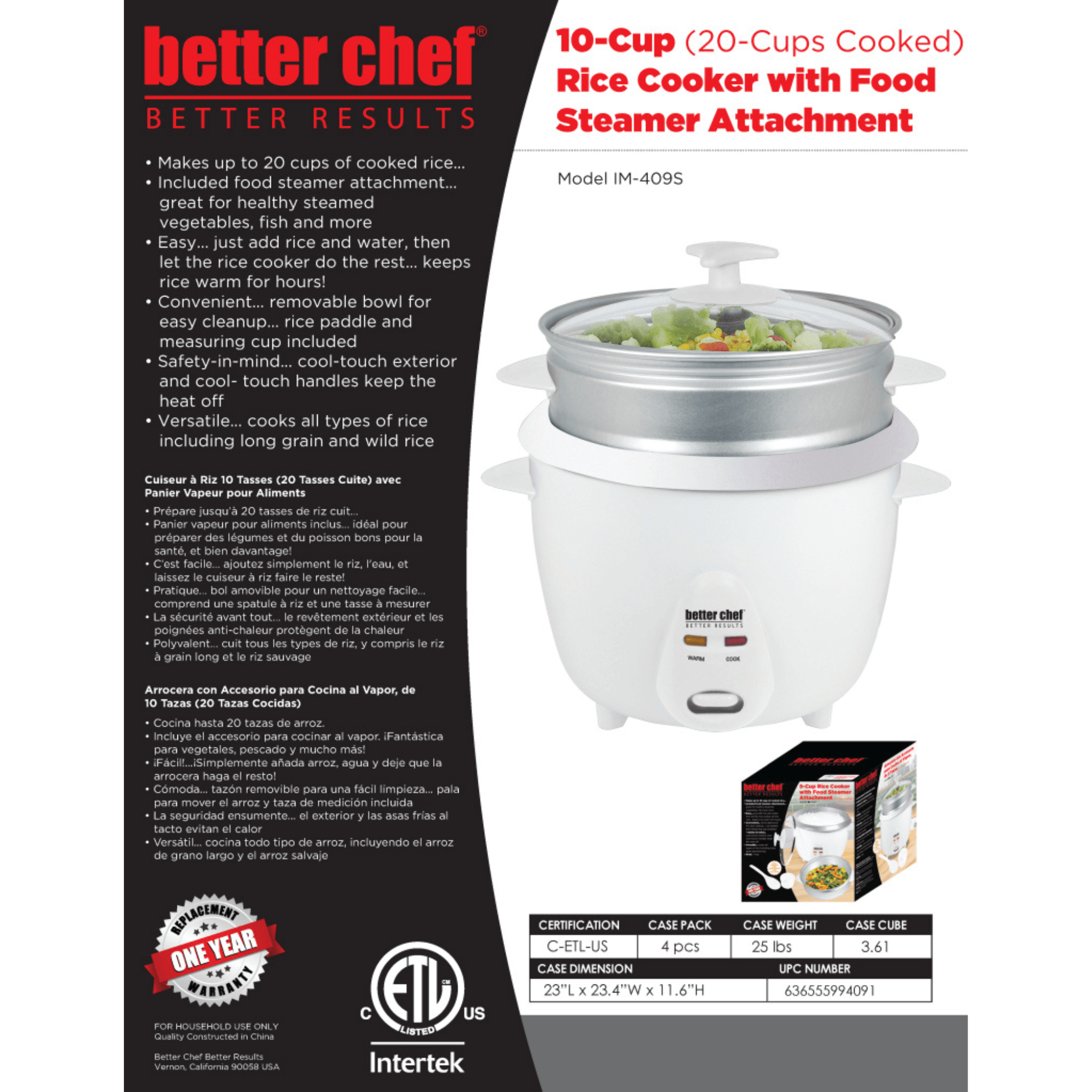 Better Chef 10-Cup - 20-Cup Cooked - Rice Cooker with Steamer
