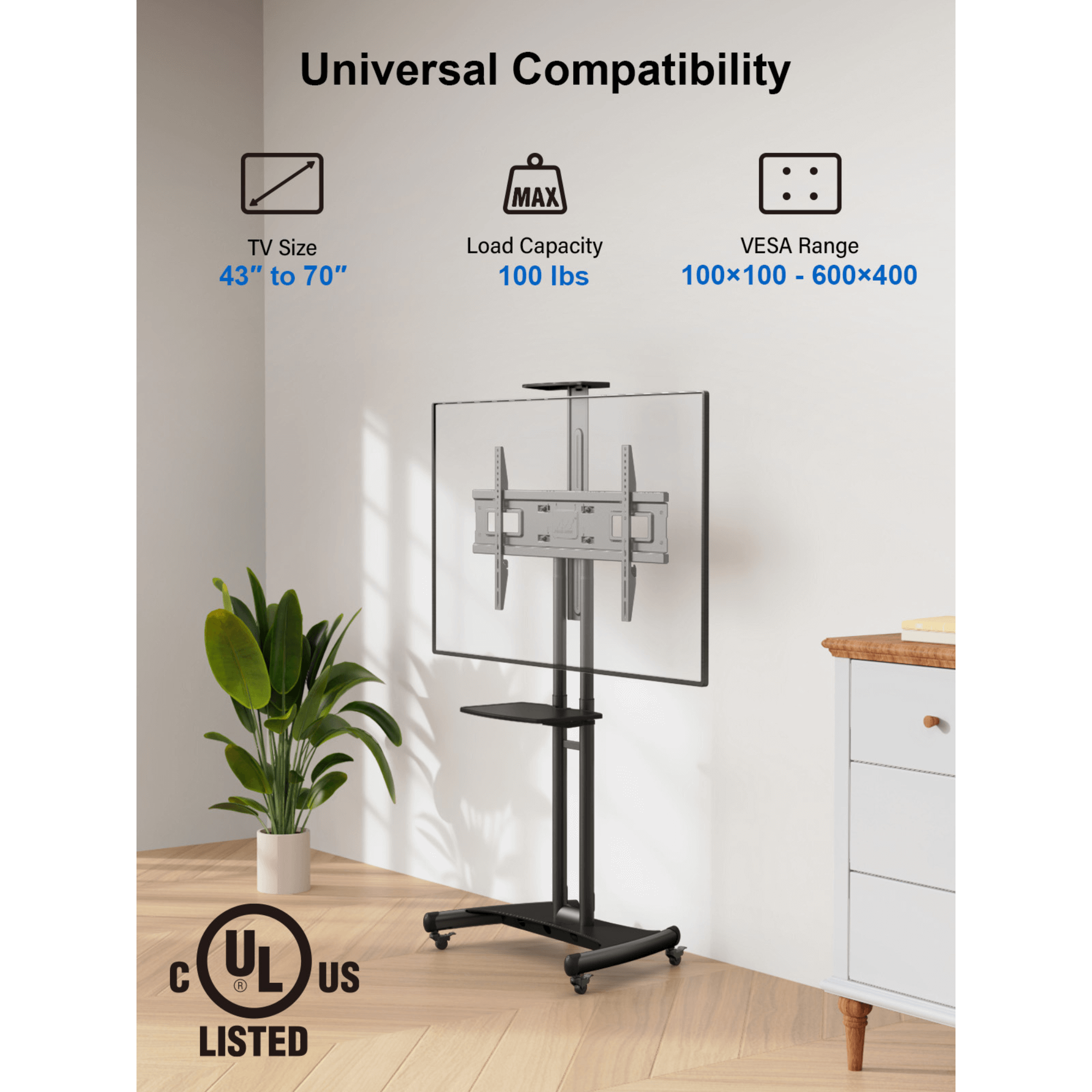ErgoAV Movable Height-Adjustable Cart with Camera Shelf for TVs 43" to 70"