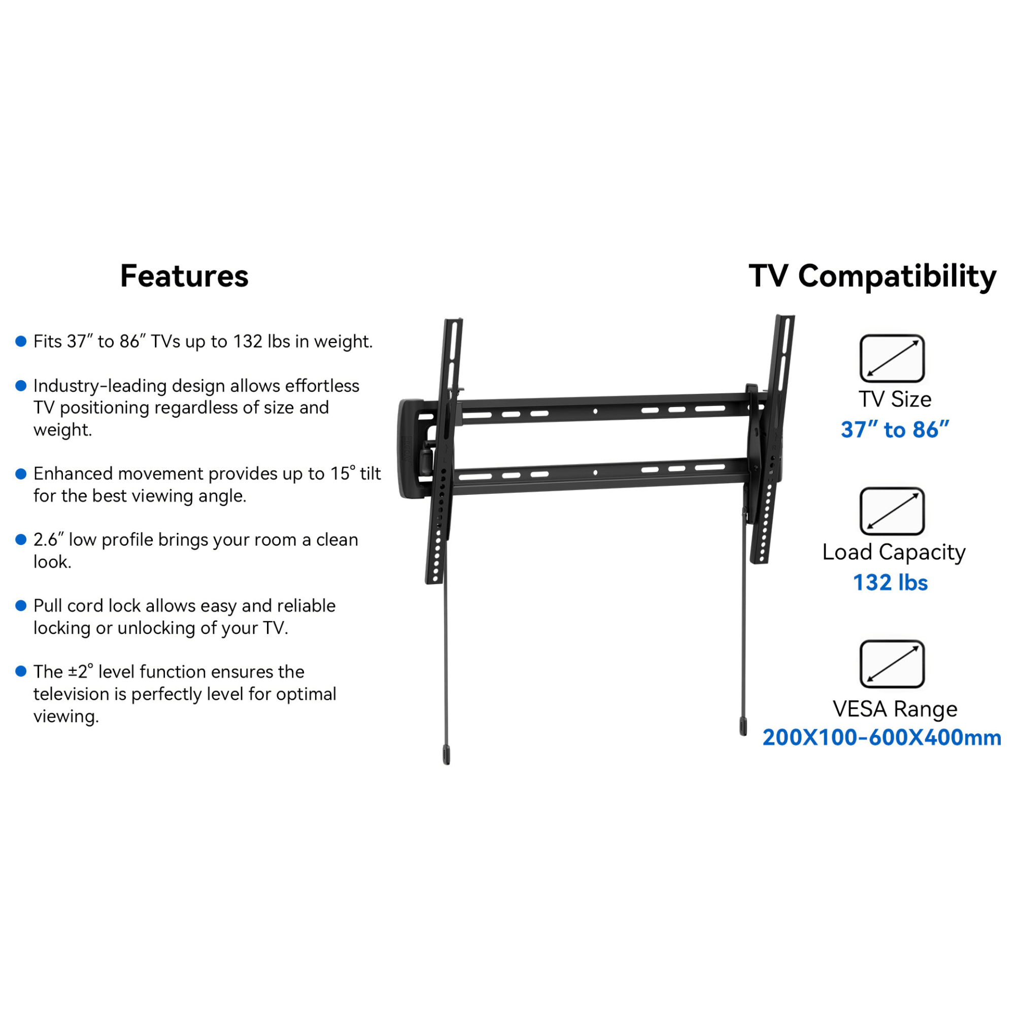ErgoAV Large Tilt TV Mount with Level Adjust for 37" to 86" TVs