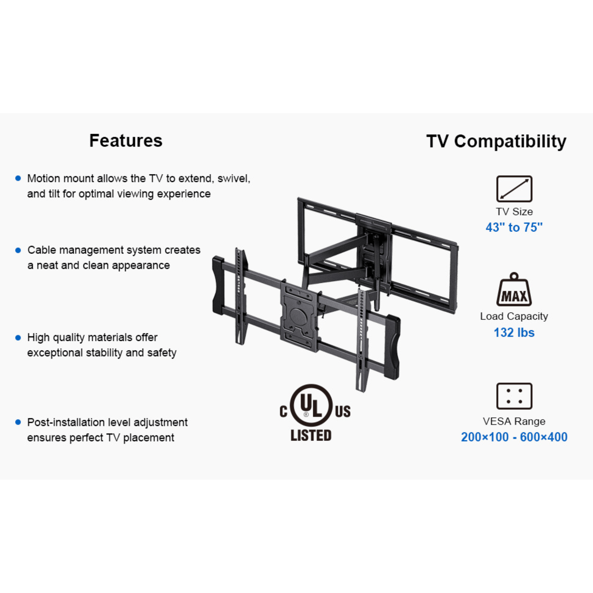 ErgoAV Motion Mount with Dual Arms for TVs 43" to 75" and up to 132lbs