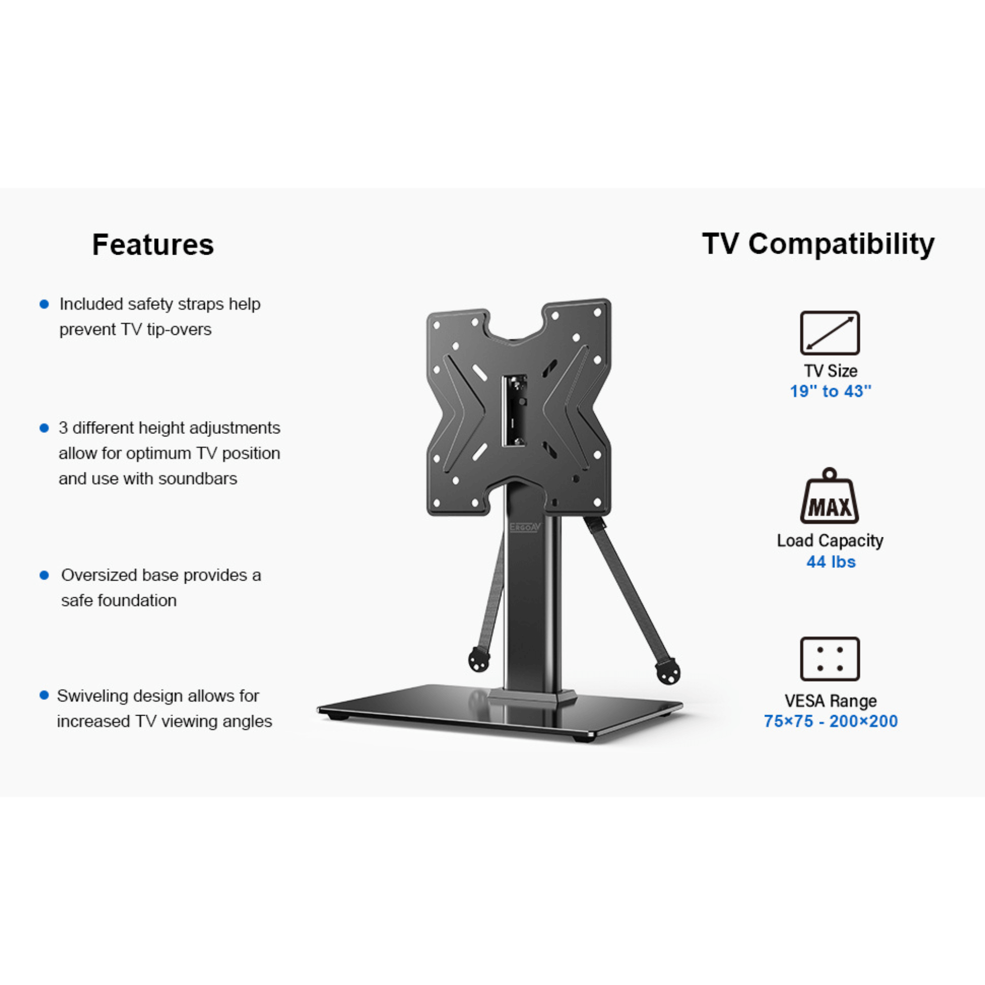 ErgoAV Tabletop TV Stand with Swivel for 19” to 43” TVs