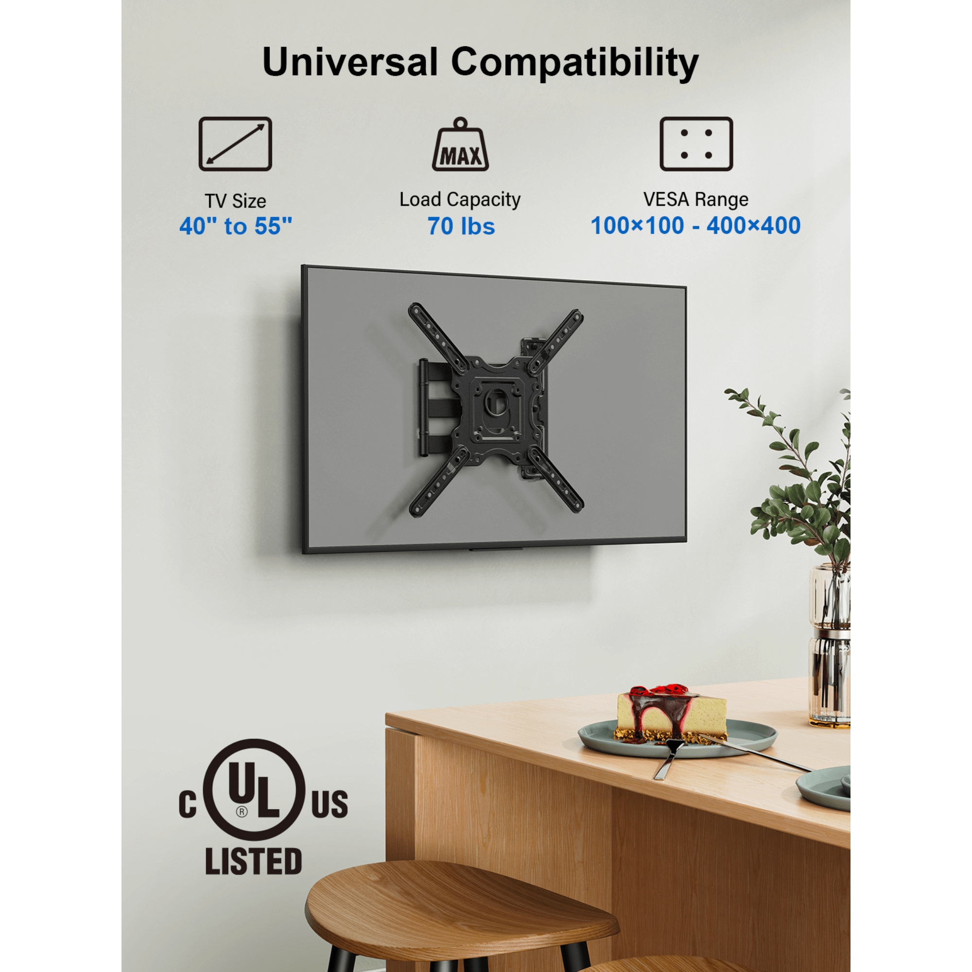 ErgoAV Single Stud Motion Mount for TVs 40" to 55" and up to 70lbs