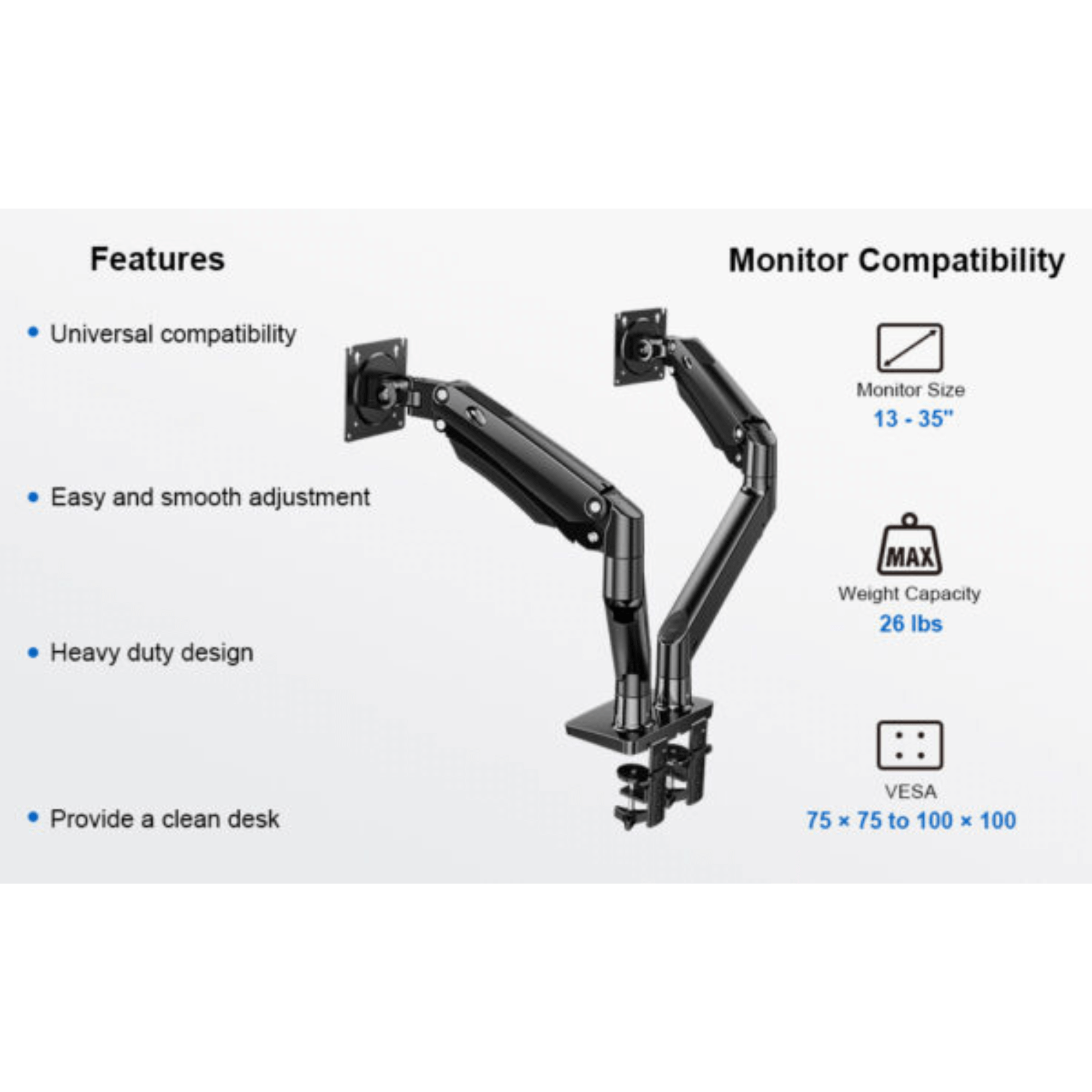 ErgoAV Gas Spring Desk Mount for Dual Monitors 13" to 35"