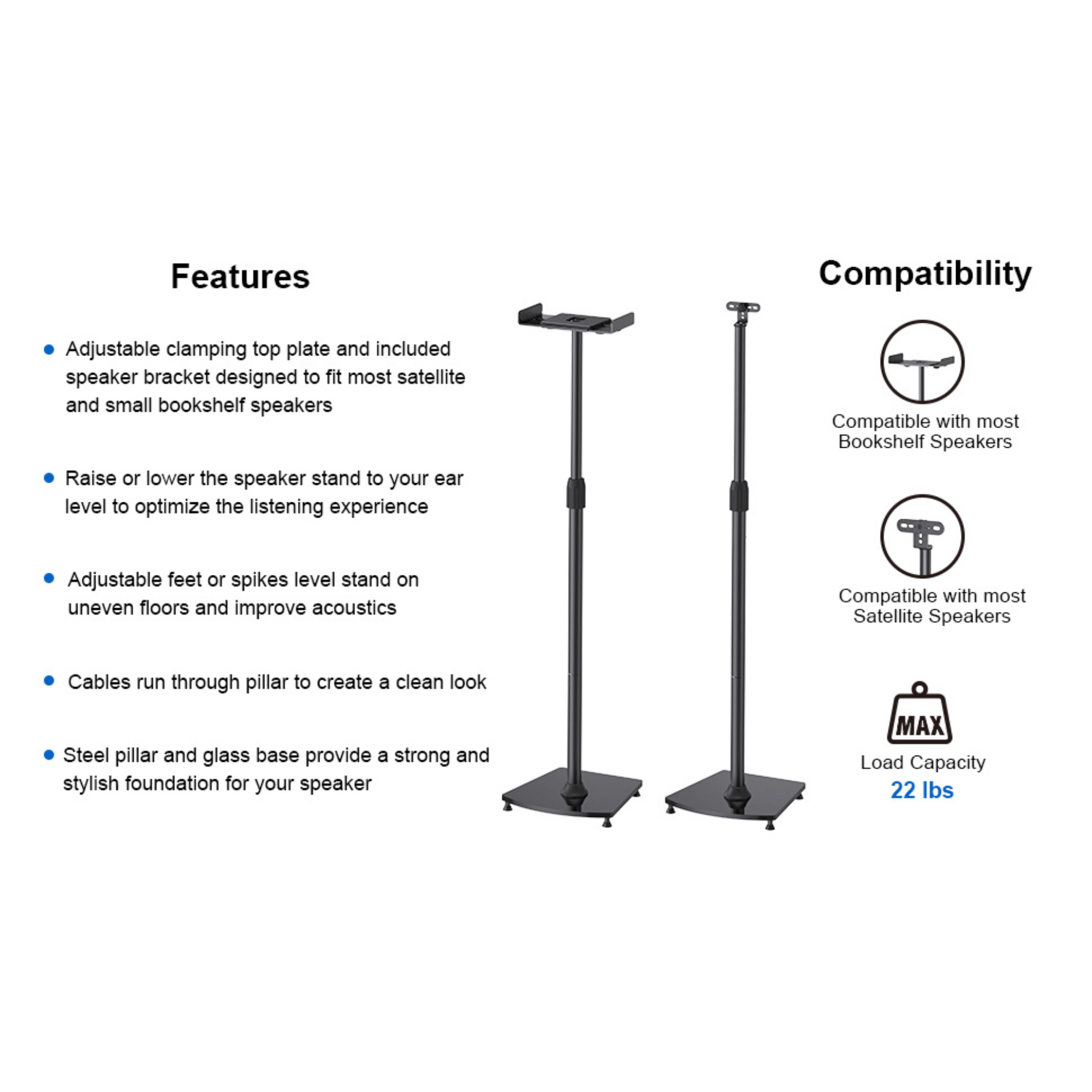 ErgoAV 1-Pair Adjustable Height Bookshelf Speaker Stands
