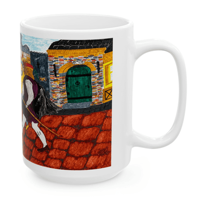 PimsArt Medieval Street Scene Dueling Swordsmen Mug From Original Painting