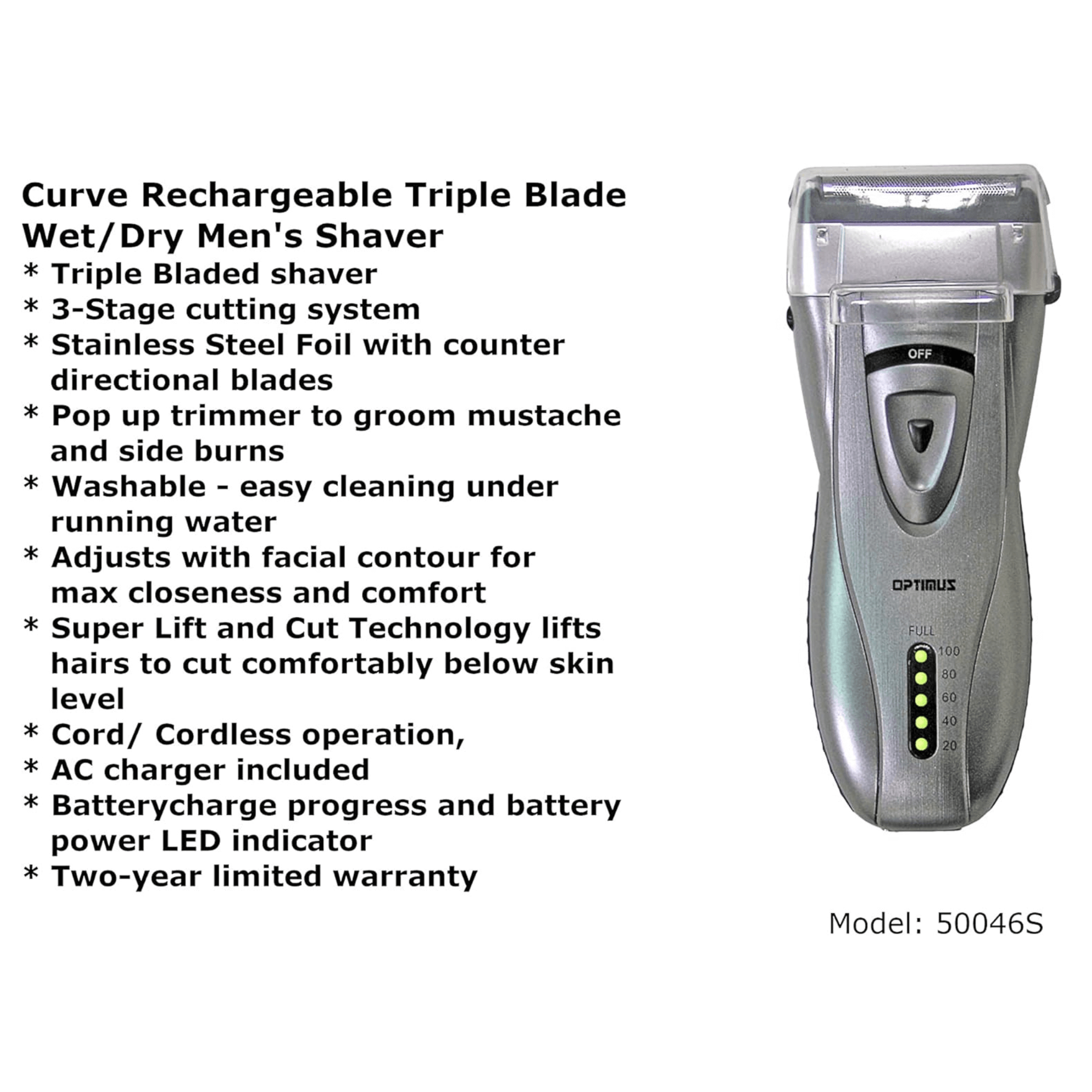 Optimus Cordless Rechargeable LED Shaver with Pop-Up Trimmer