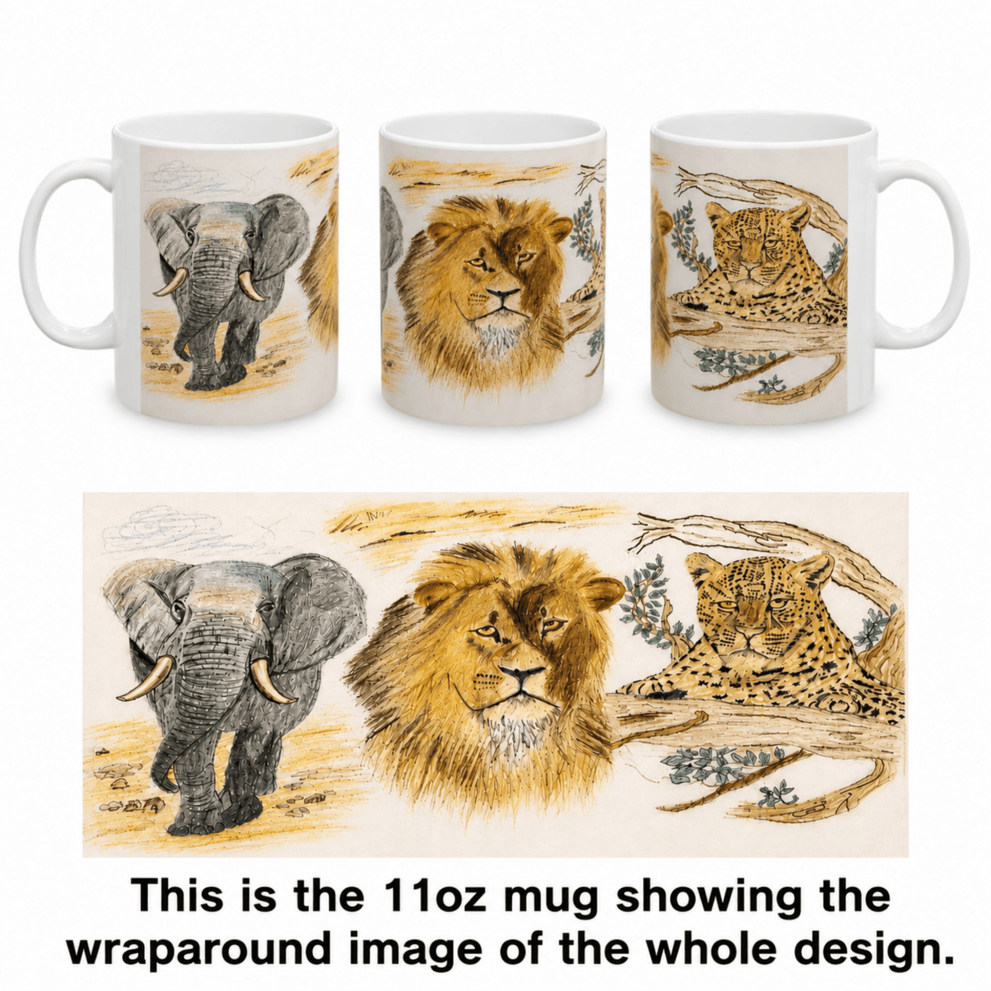 PimsArt African Safari Lion Elephant Leopard Mug From Original Drawing