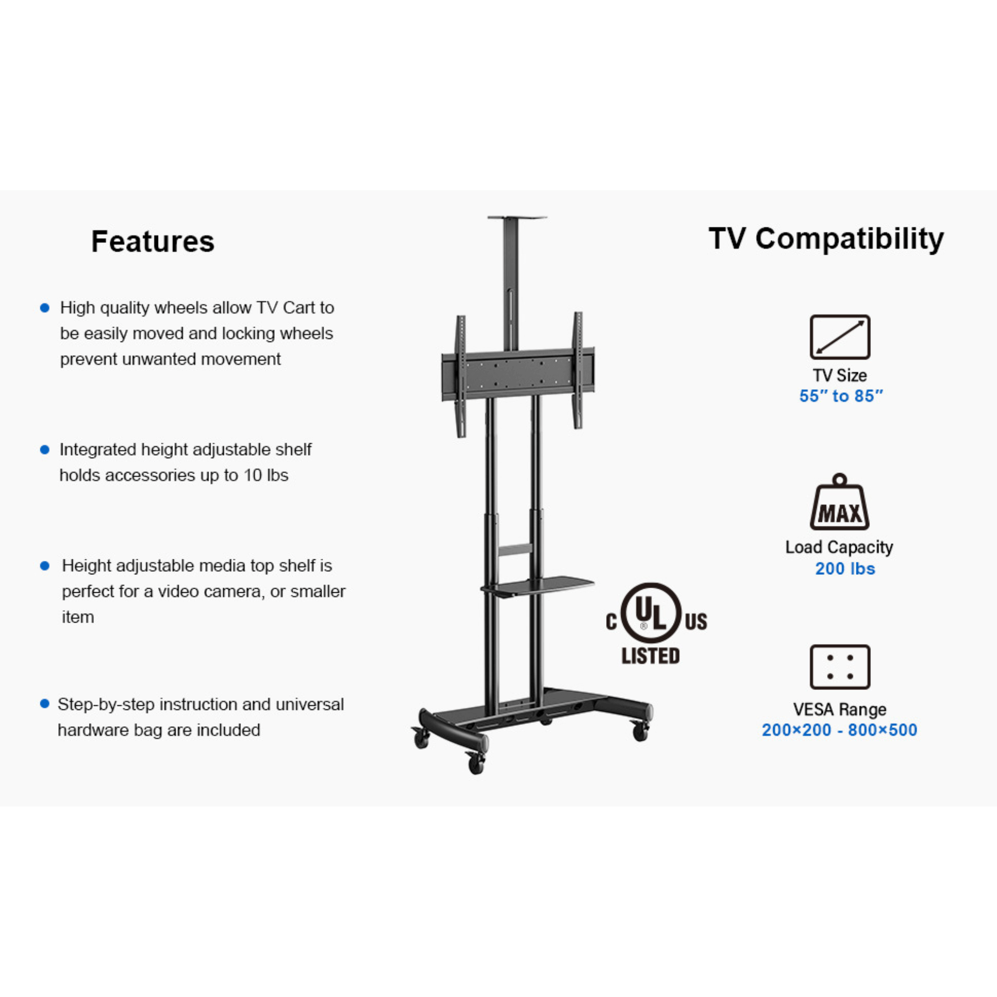ErgoAV Movable Height-Adjustable Cart with Camera Shelf for TVs 49" to 85"