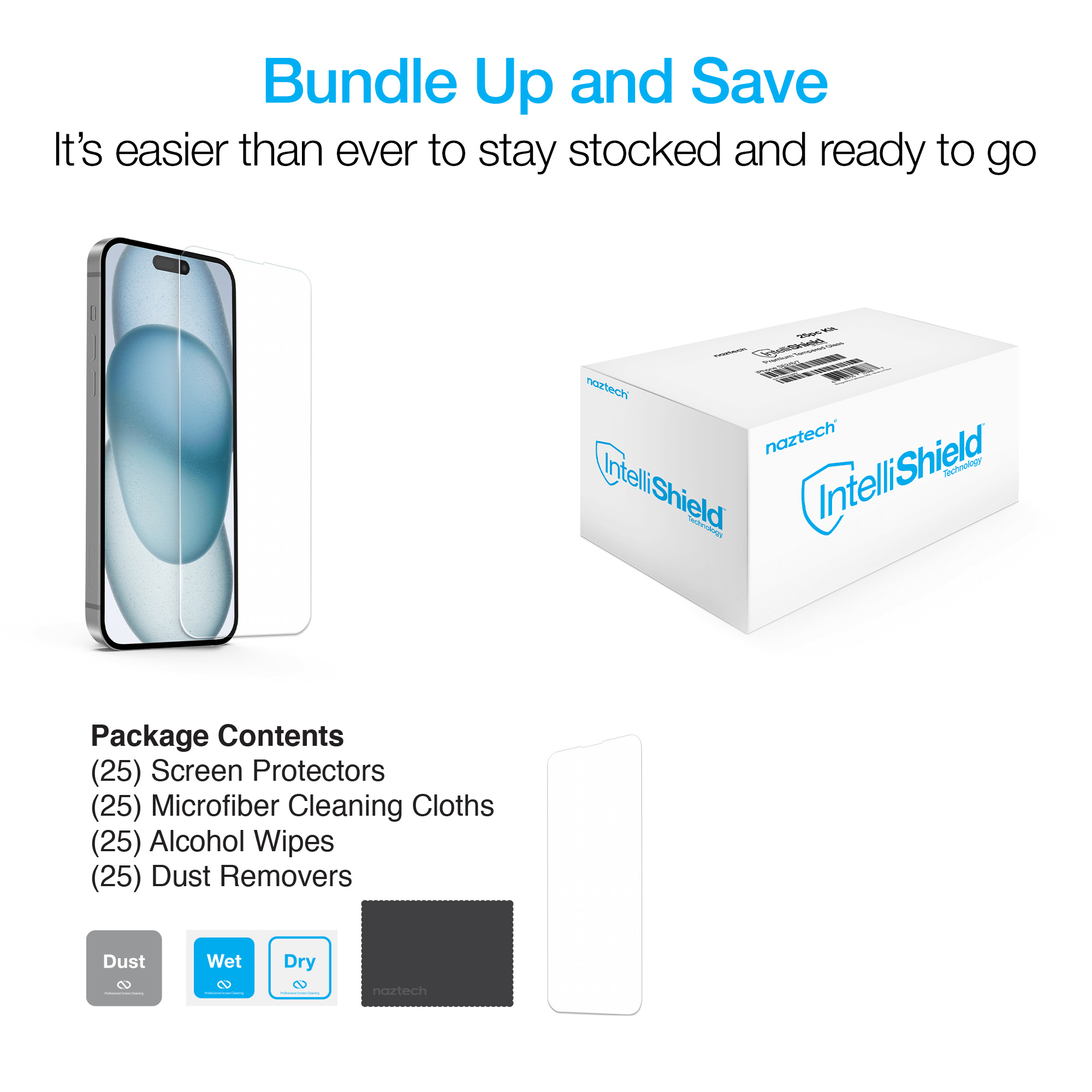 Naztech IntelliShield HD Tempered Glass 25pc Bundle Kit for iPhone 15 Pro