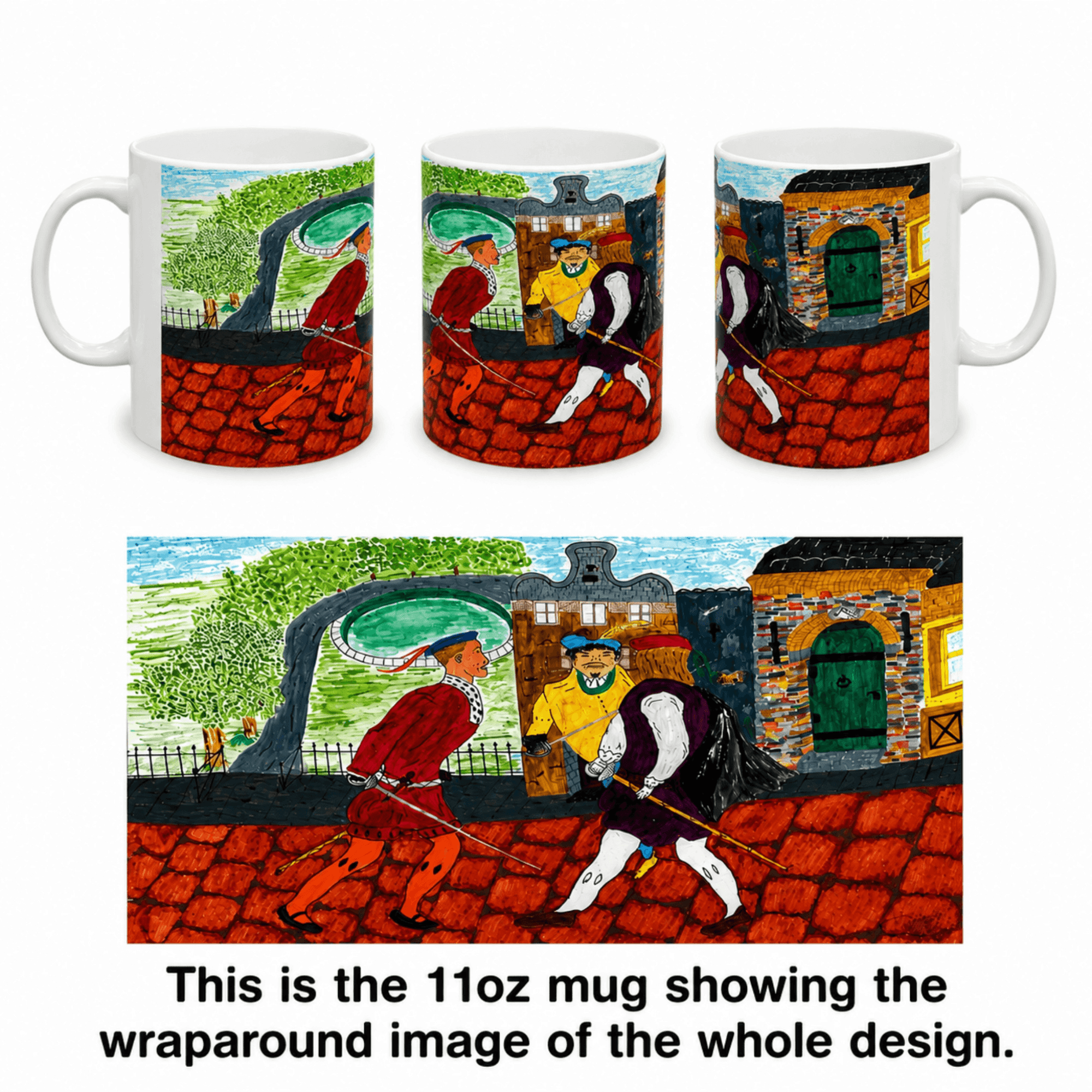 PimsArt Medieval Street Scene Dueling Swordsmen Mug From Original Painting