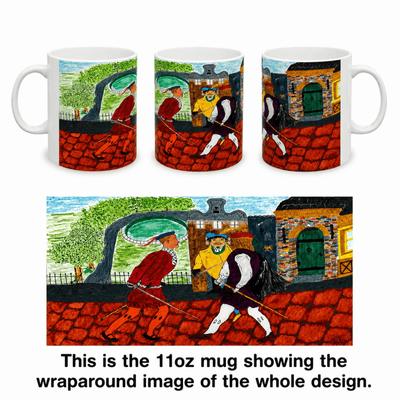 PimsArt Medieval Street Scene Dueling Swordsmen Mug From Original Painting