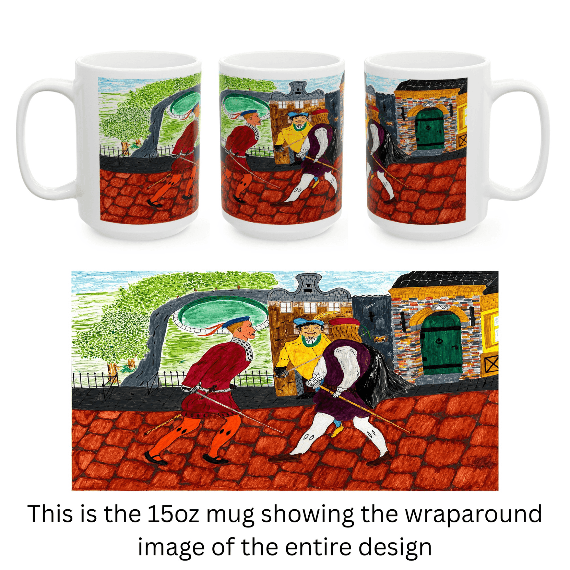 PimsArt Medieval Street Scene Dueling Swordsmen Mug From Original Painting