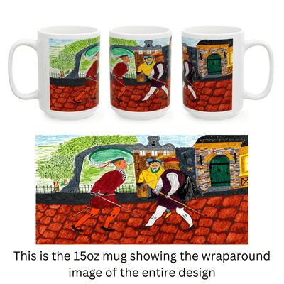 PimsArt Medieval Street Scene Dueling Swordsmen Mug From Original Painting