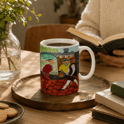 PimsArt Medieval Street Scene Dueling Swordsmen Mug From Original Painting