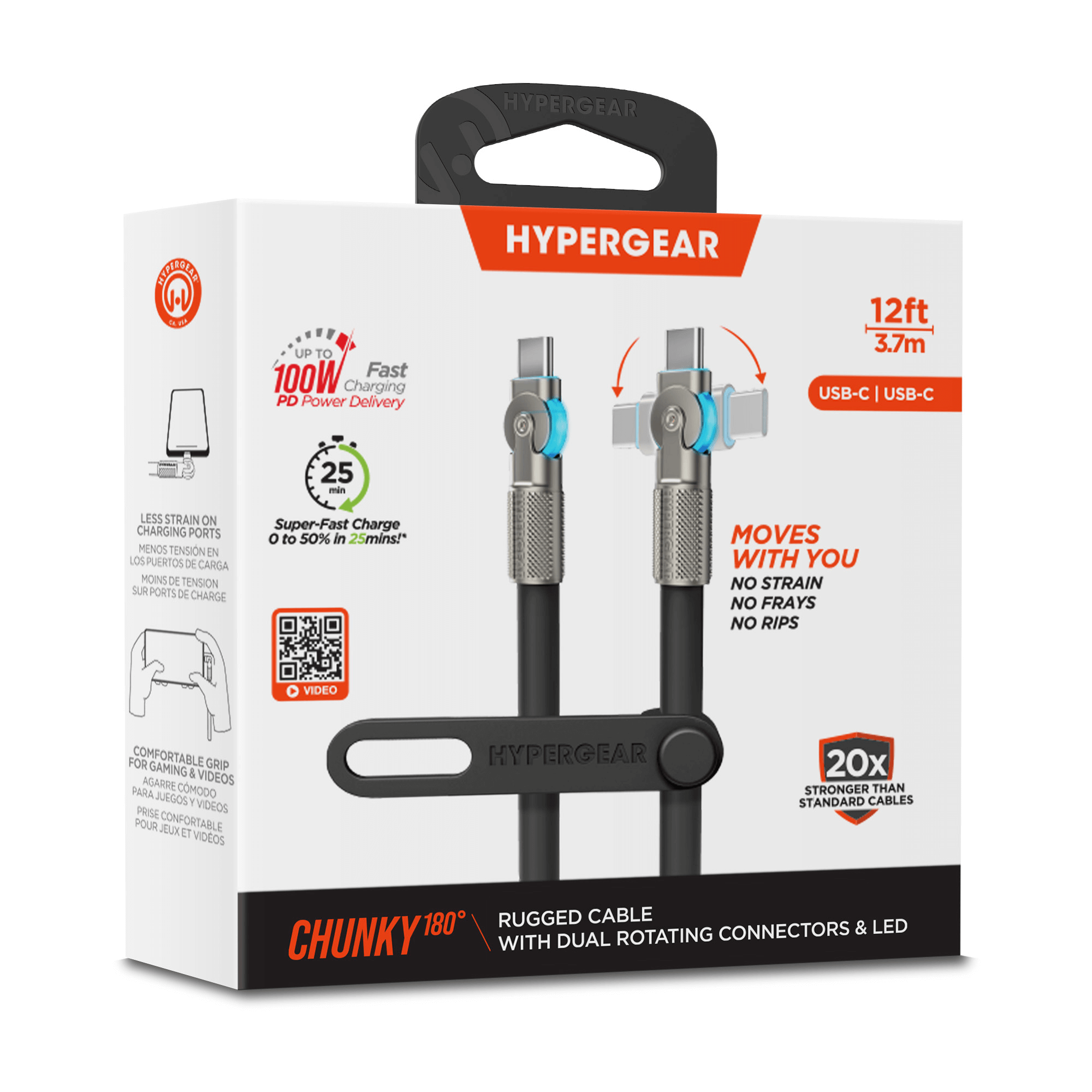 HyperGear Chunky180° 100W USB-C to USB-C Rugged Fast Charge Cable 12ft