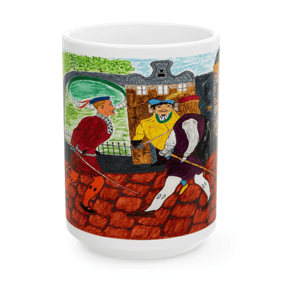 PimsArt Medieval Street Scene Dueling Swordsmen Mug From Original Painting