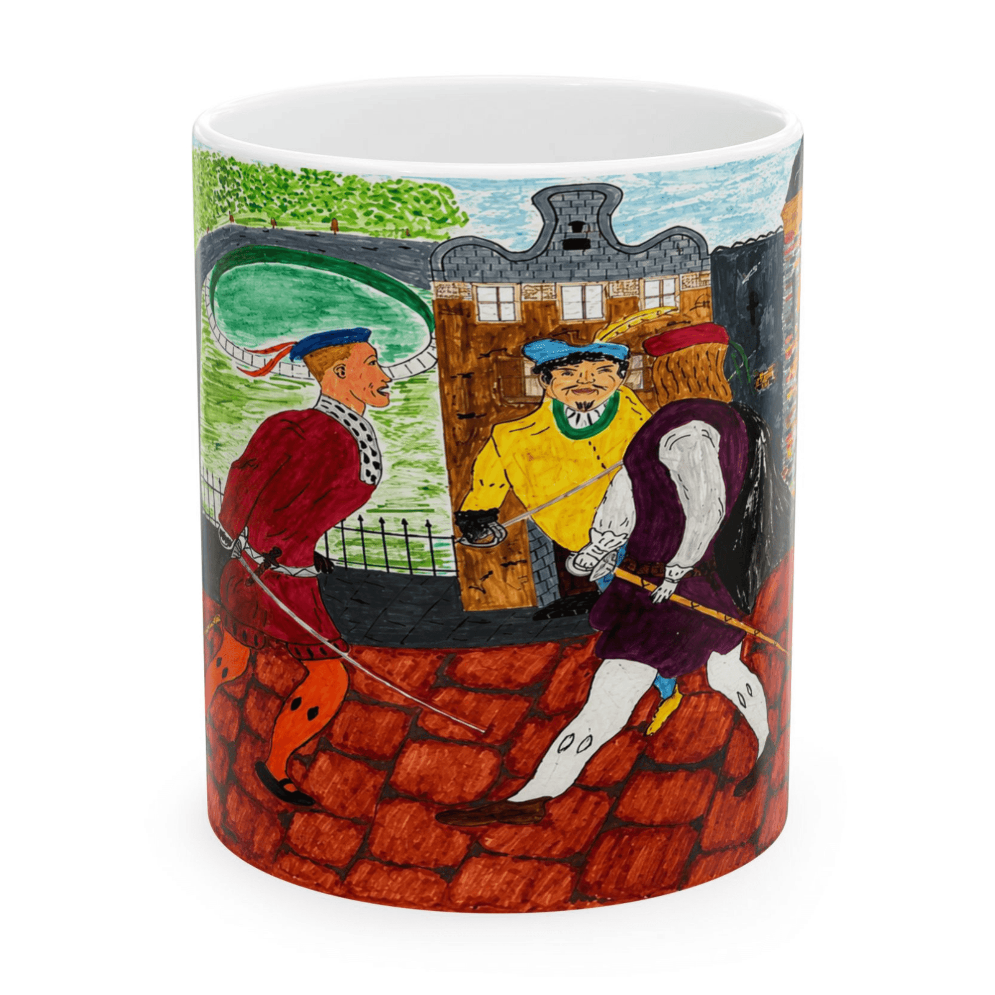 PimsArt Medieval Street Scene Dueling Swordsmen Mug From Original Painting