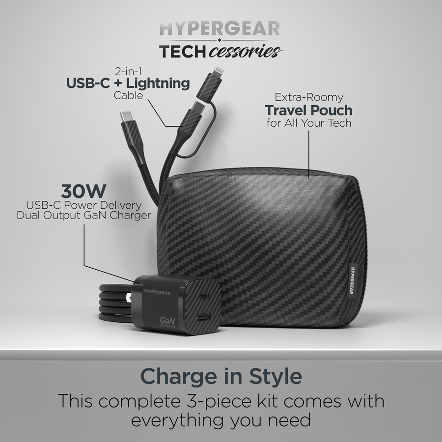 HyperGear TECHcessories 30W USB-C PD Charging Kit with Travel Pouch Carbon Fiber