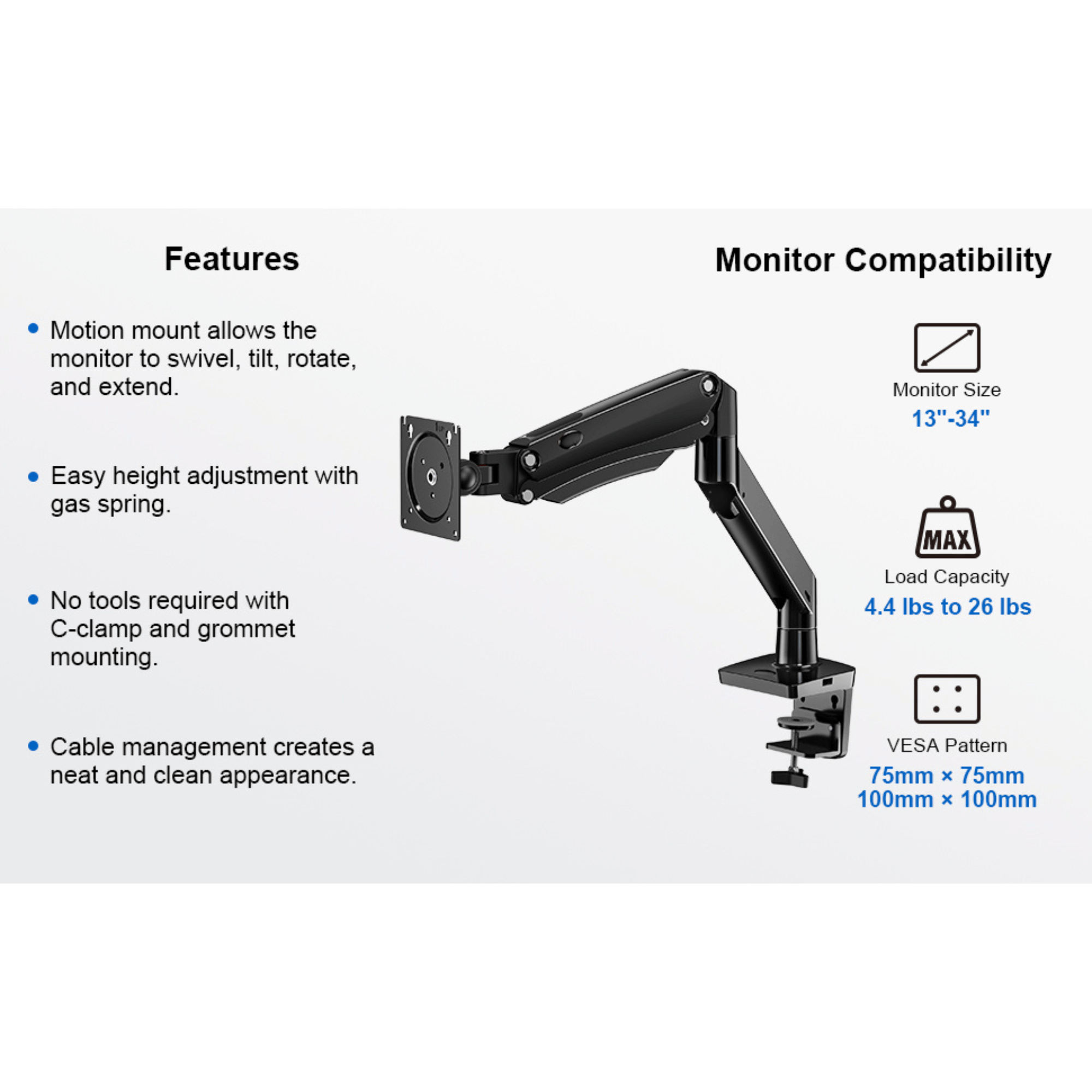 ErgoAV Gas Spring Desk Mount for Single Monitors 13" to 34" and up to 26lbs