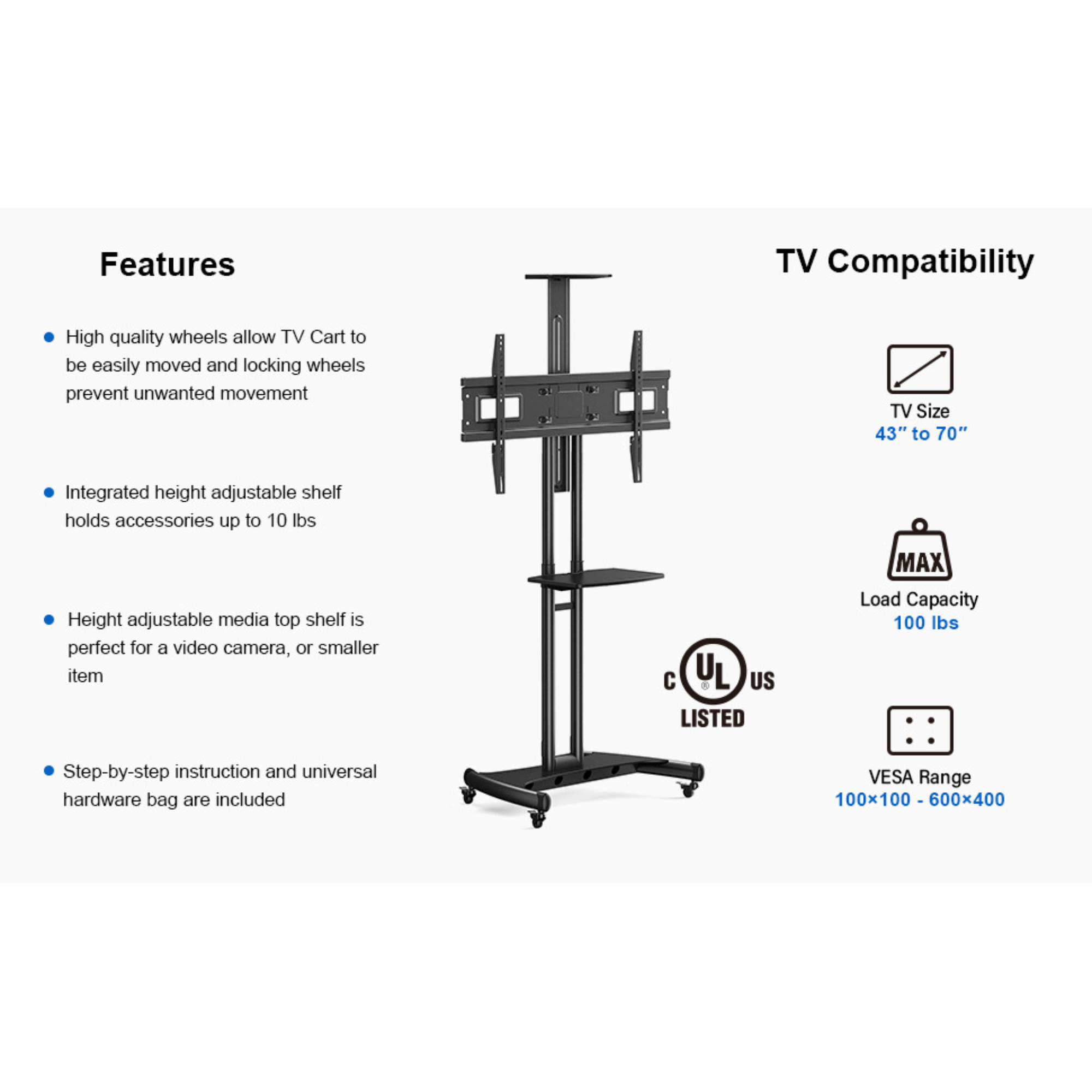 ErgoAV Movable Height-Adjustable Cart with Camera Shelf for TVs 43" to 70"
