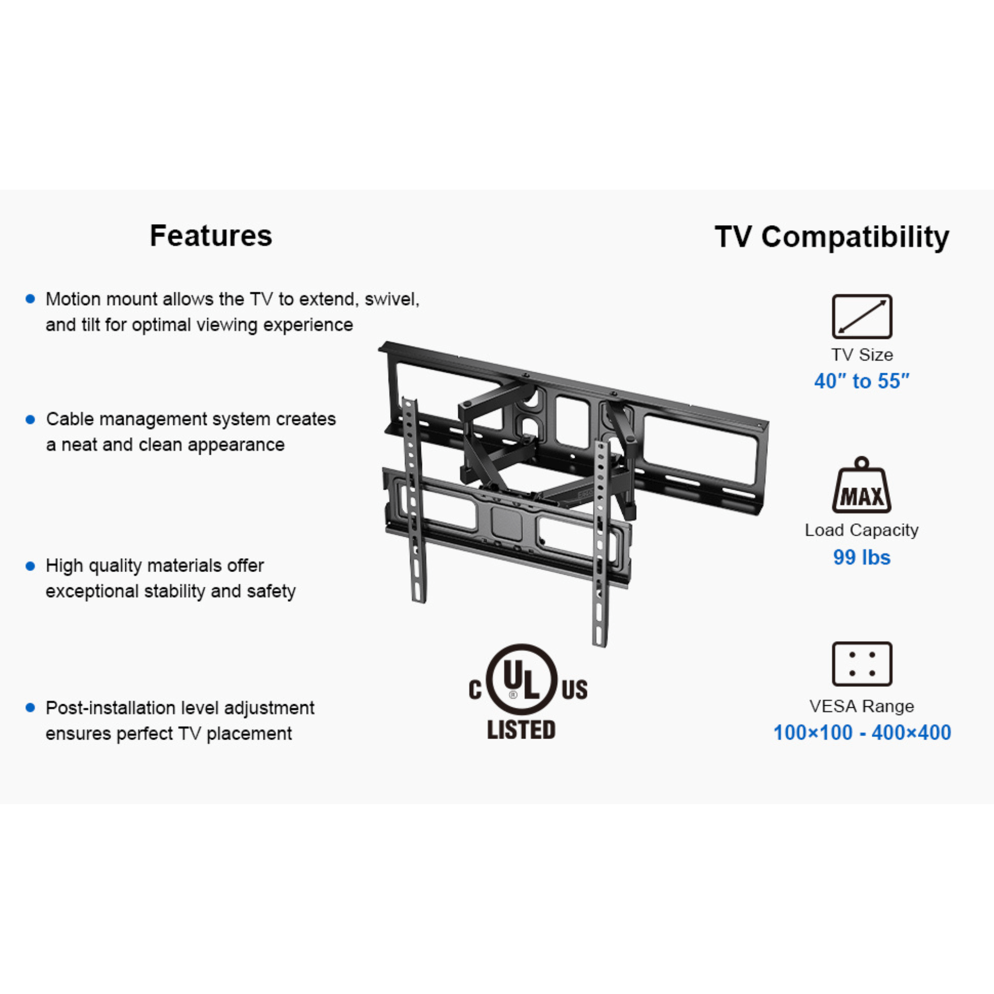 ErgoAV Motion Mount with Dual Arms for TVs 40" to 55"