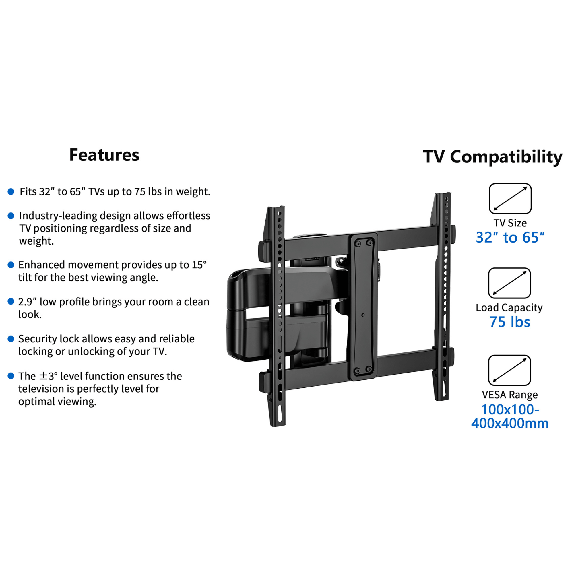 ErgoAV Medium Motion TV Mount for 32" to 65" TVs