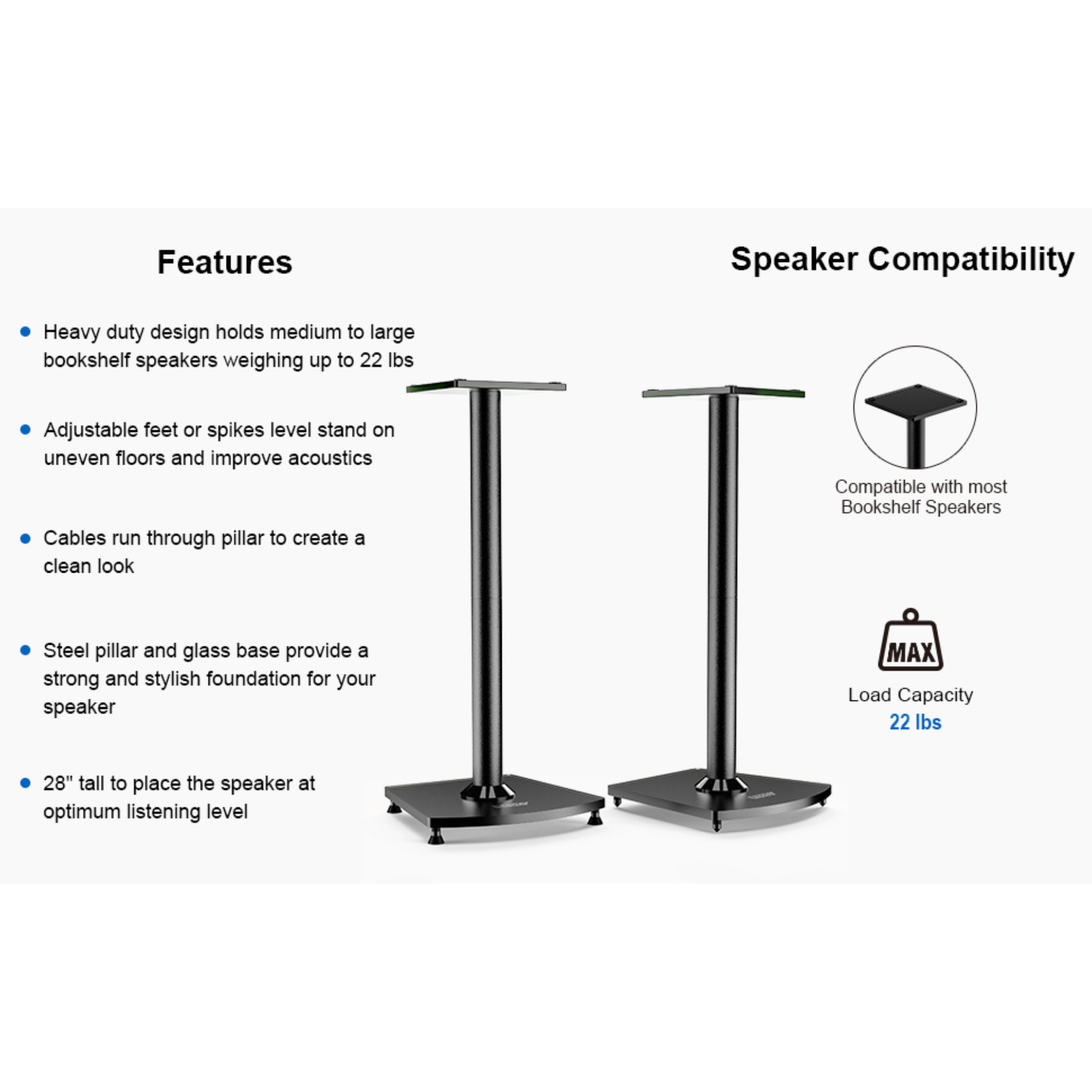 ErgoAV 1-Pair Fixed Height Bookshelf Speaker Stands 28"