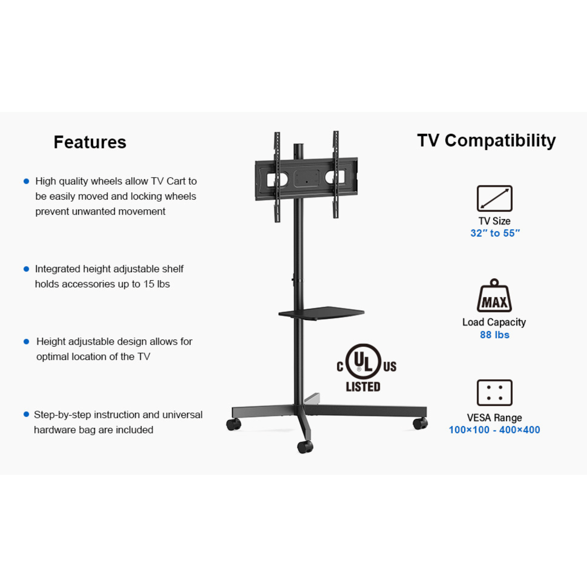ErgoAV Movable Cart for TVs 32" to 55"