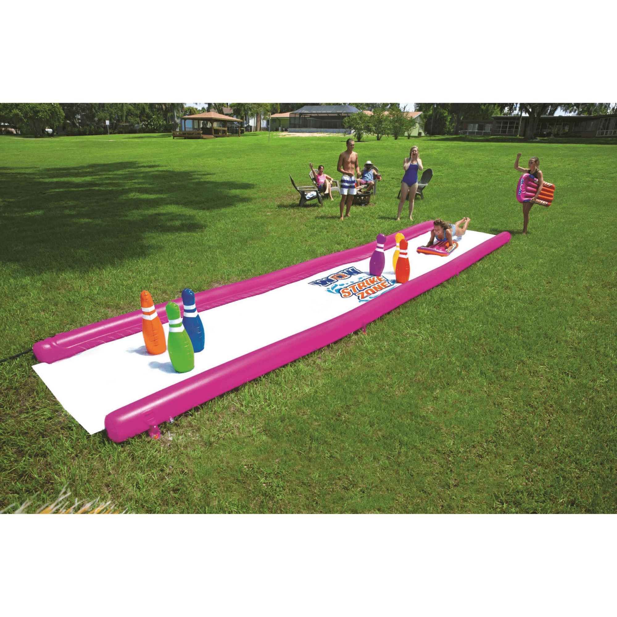 WOW Watersports Strike Zone Water Slide w 6 Giant Inflatable Bowling Pins and Sprinkler