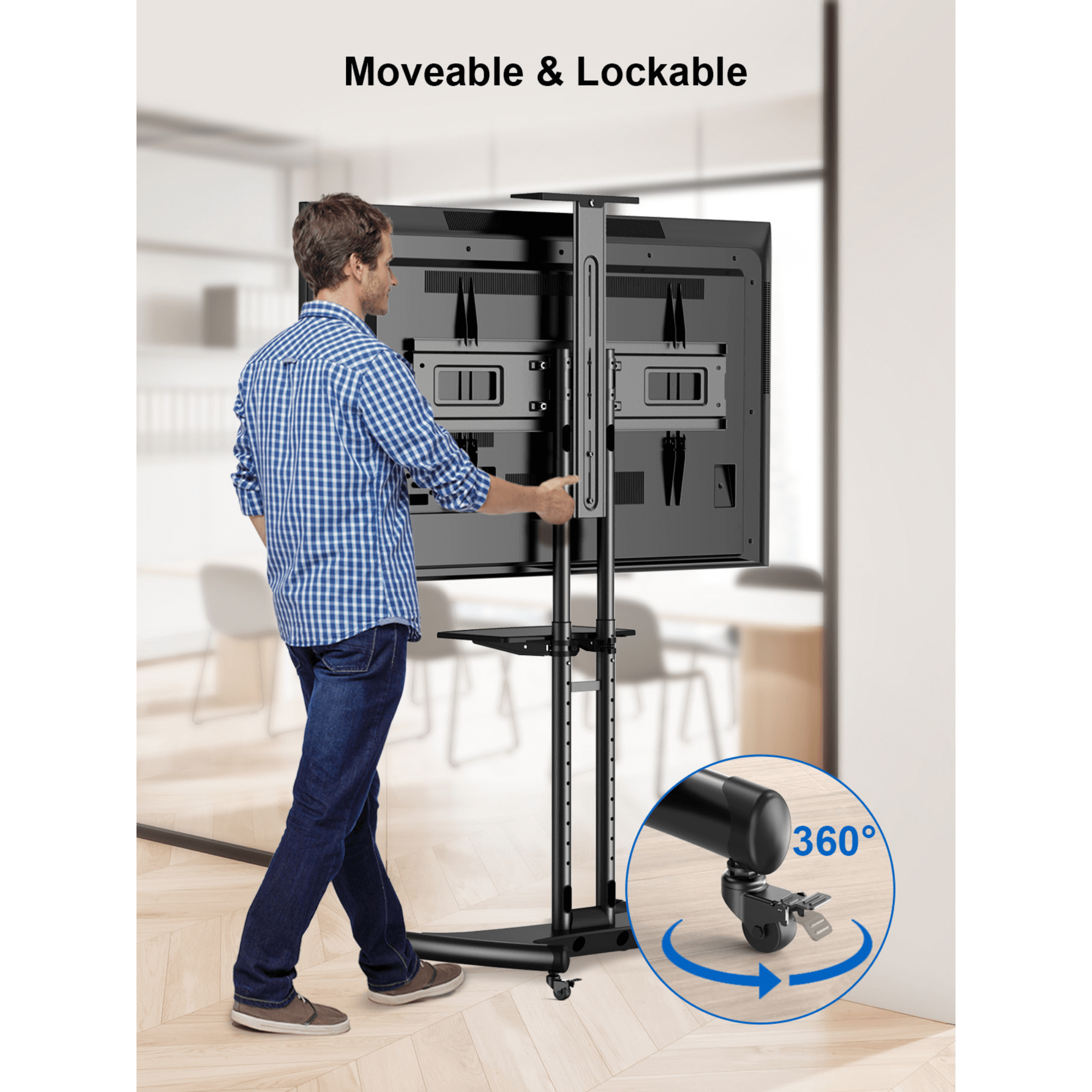 ErgoAV Movable Height-Adjustable Cart with Camera Shelf for TVs 43" to 70"