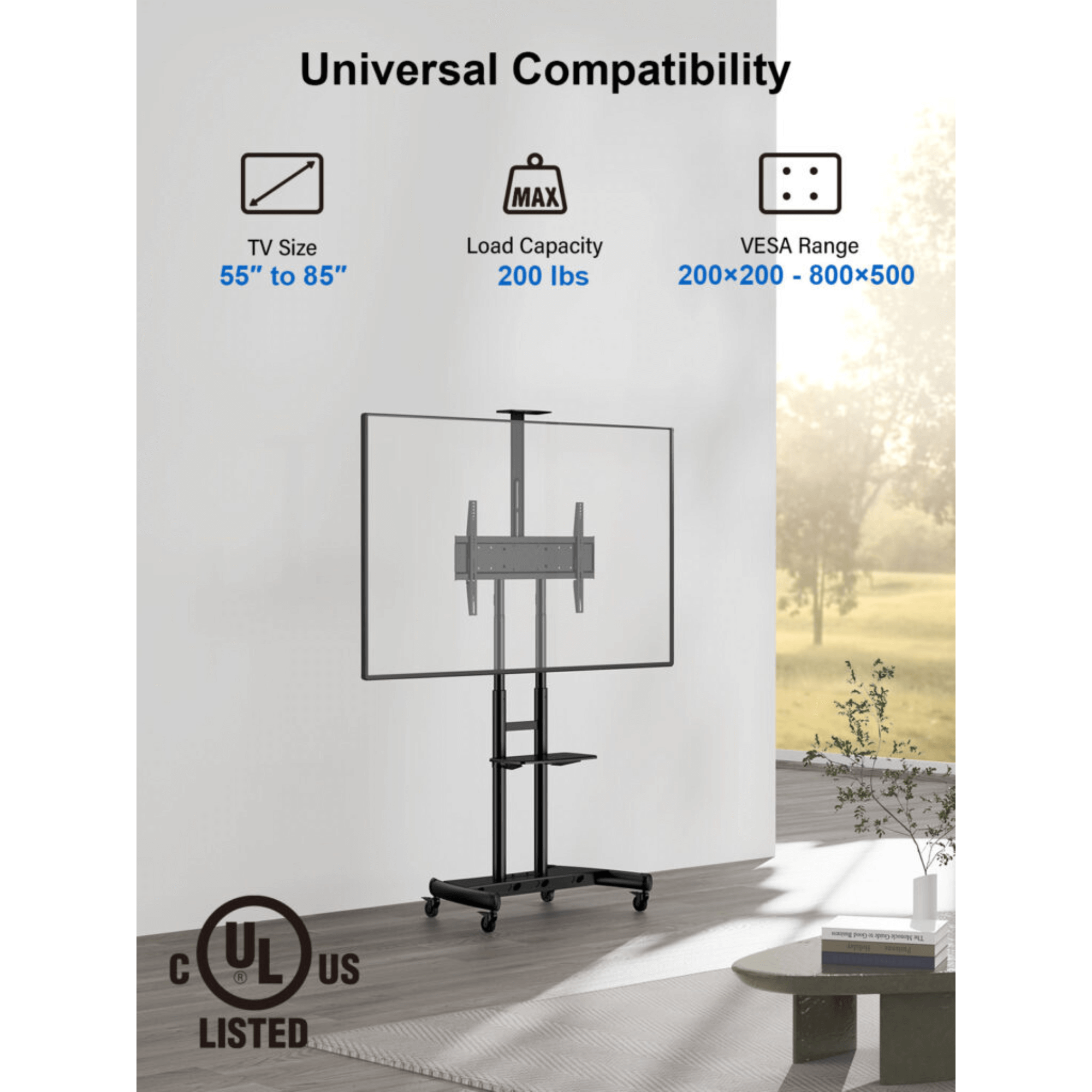 ErgoAV Movable Height-Adjustable Cart with Camera Shelf for TVs 49" to 85"