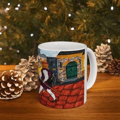 PimsArt Medieval Street Scene Dueling Swordsmen Mug From Original Painting