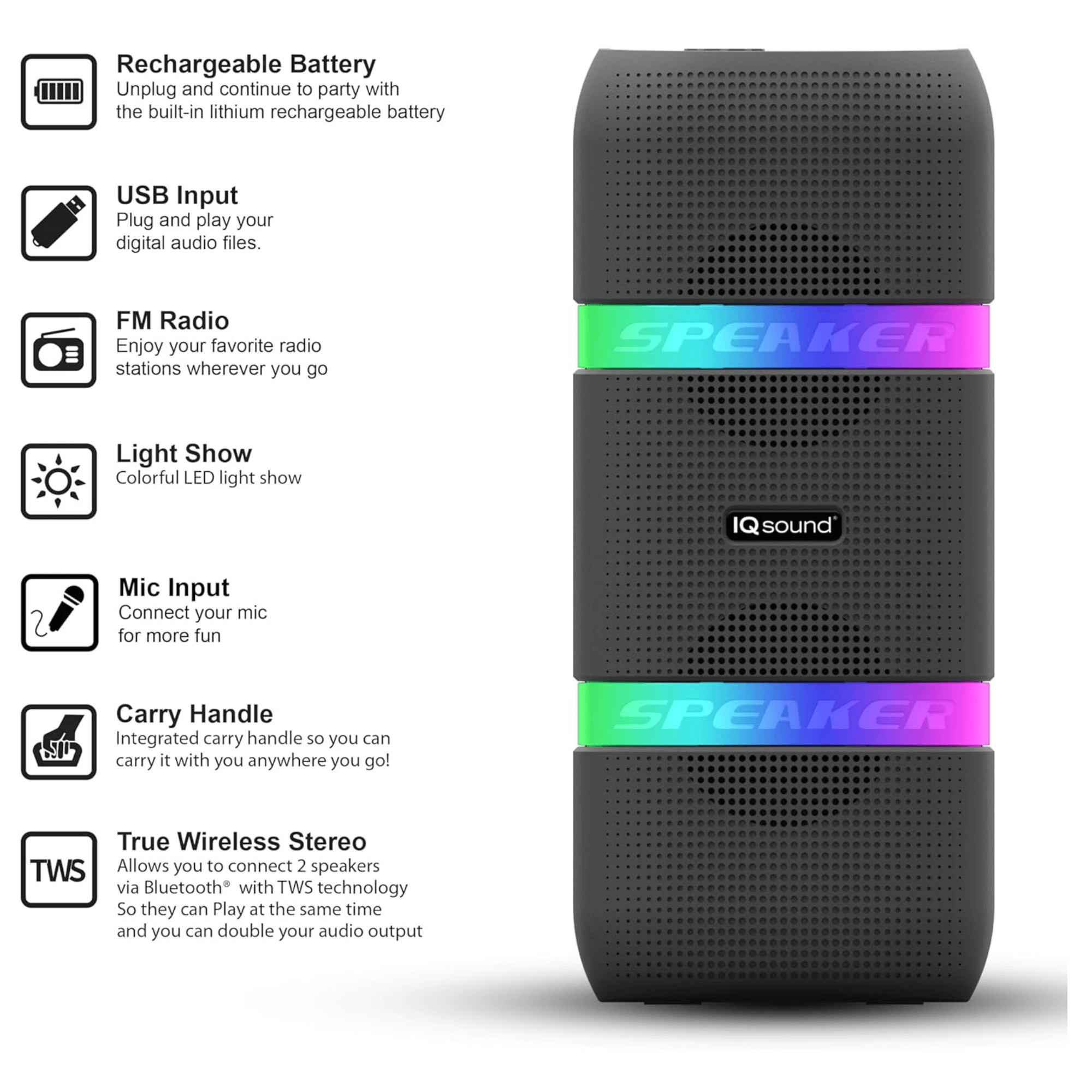 IQ Sound 2 x 4-Inch Portable Bluetooth TWS LED Speaker