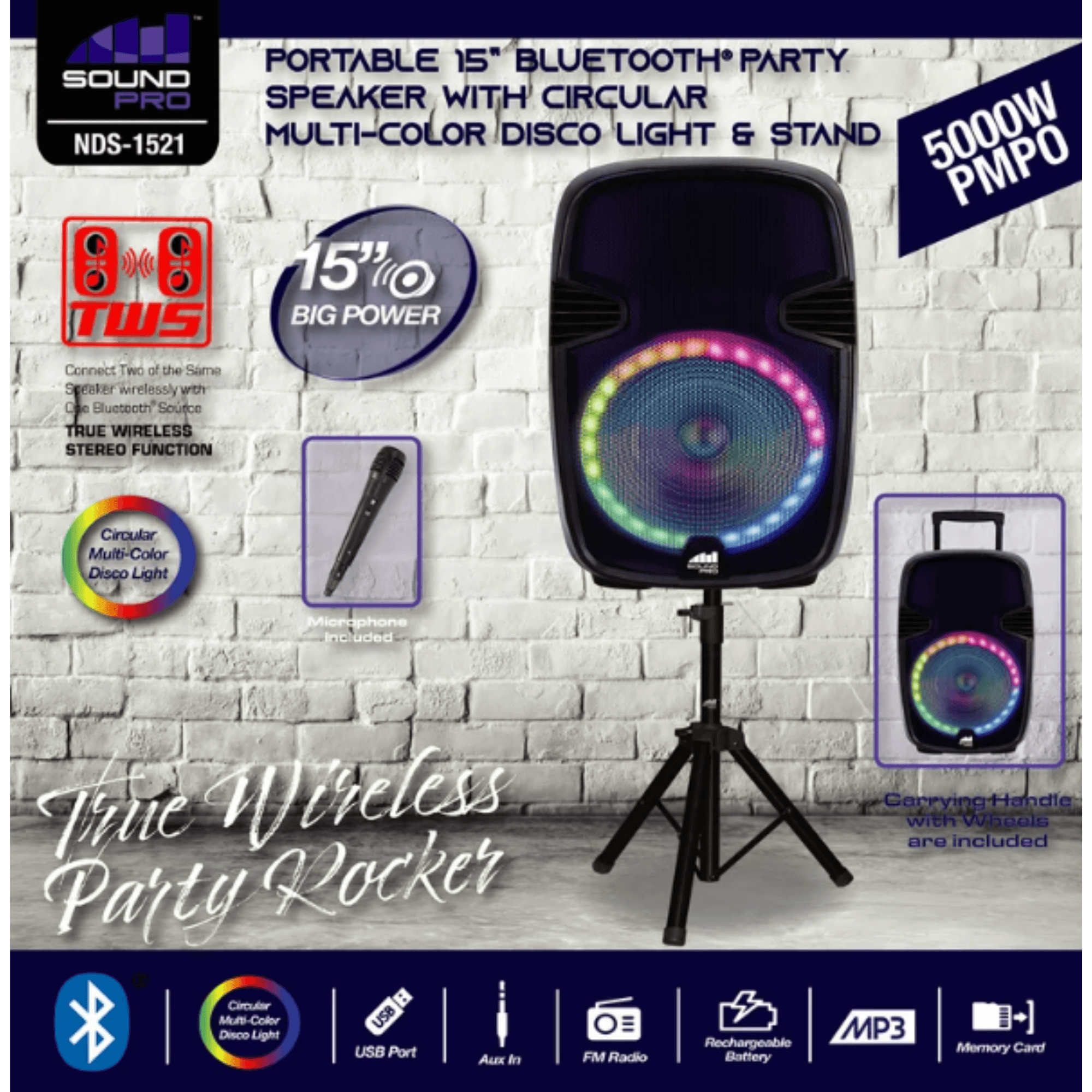 Naxa Portable 15” Bluetooth Party Speaker with Circular Multi-Color Disco Light (NDS-1521)