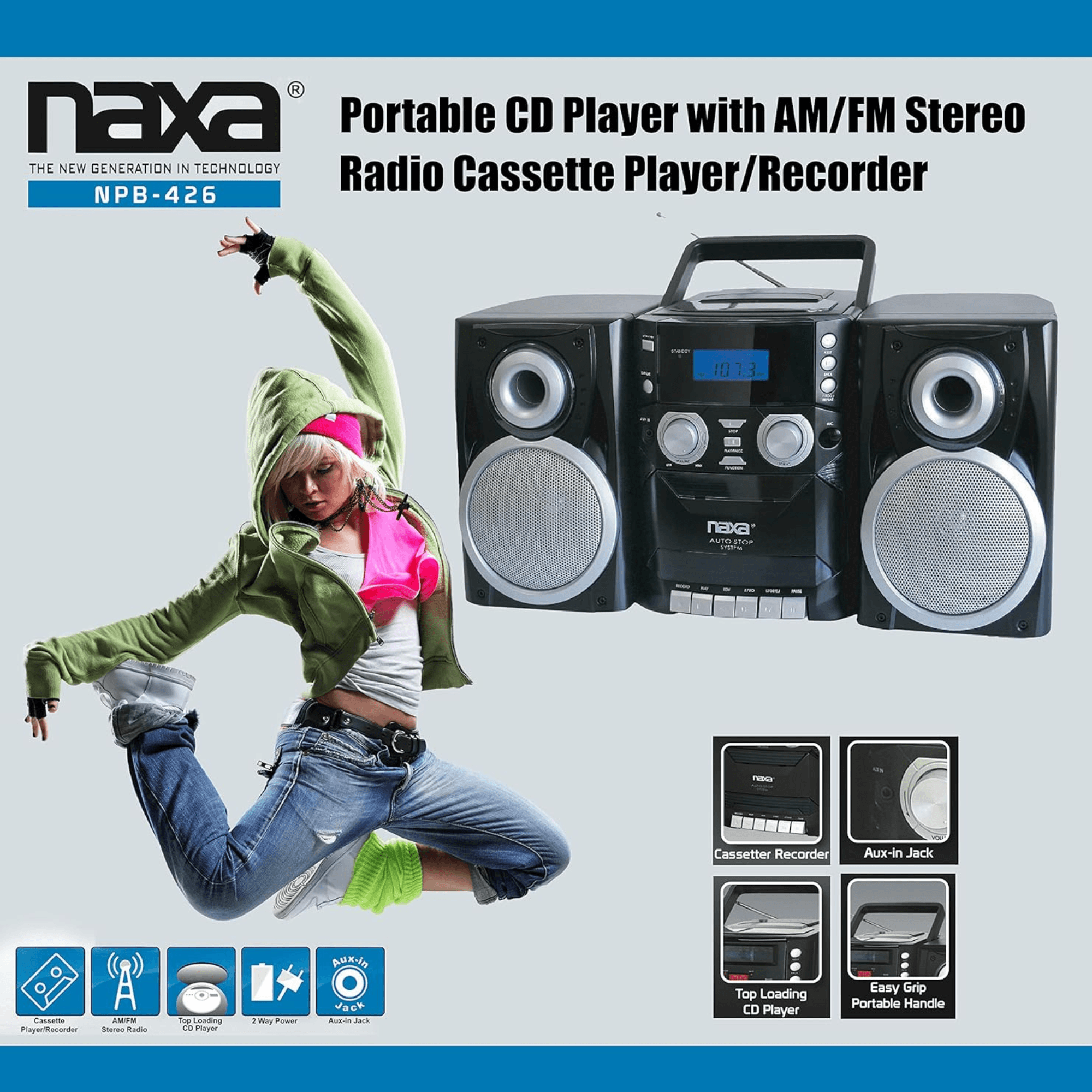 Naxa Portable CD Player with AM FM Stereo Radio Cassette Player and Recorder