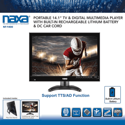 Naxa Portable 14.1" 12 Volt ACDC Television and Digital Multimedia Player with Built-in Rechargeable Lithium Battery & DC Car Cord