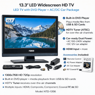 Naxa 13.3" 12Volt ACDC LED HDTV ATSC with DVD and Media Player & Car Package