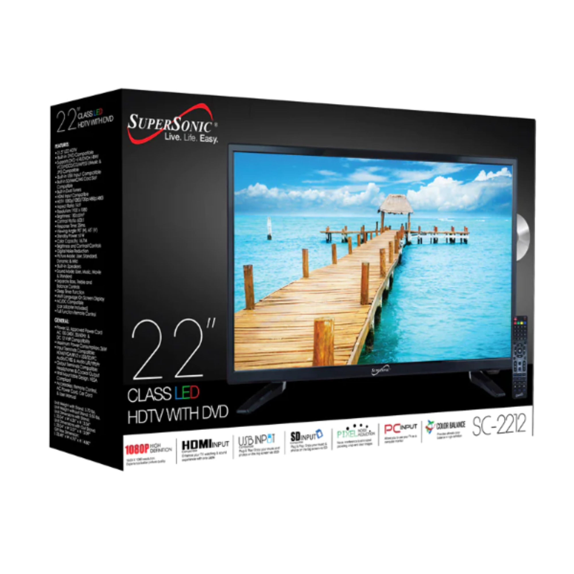 Supersonic 22" 12 Volt ACDC LED HDTV with DVD Player, USB, SD Card Reader and HDMI (SC-2212)