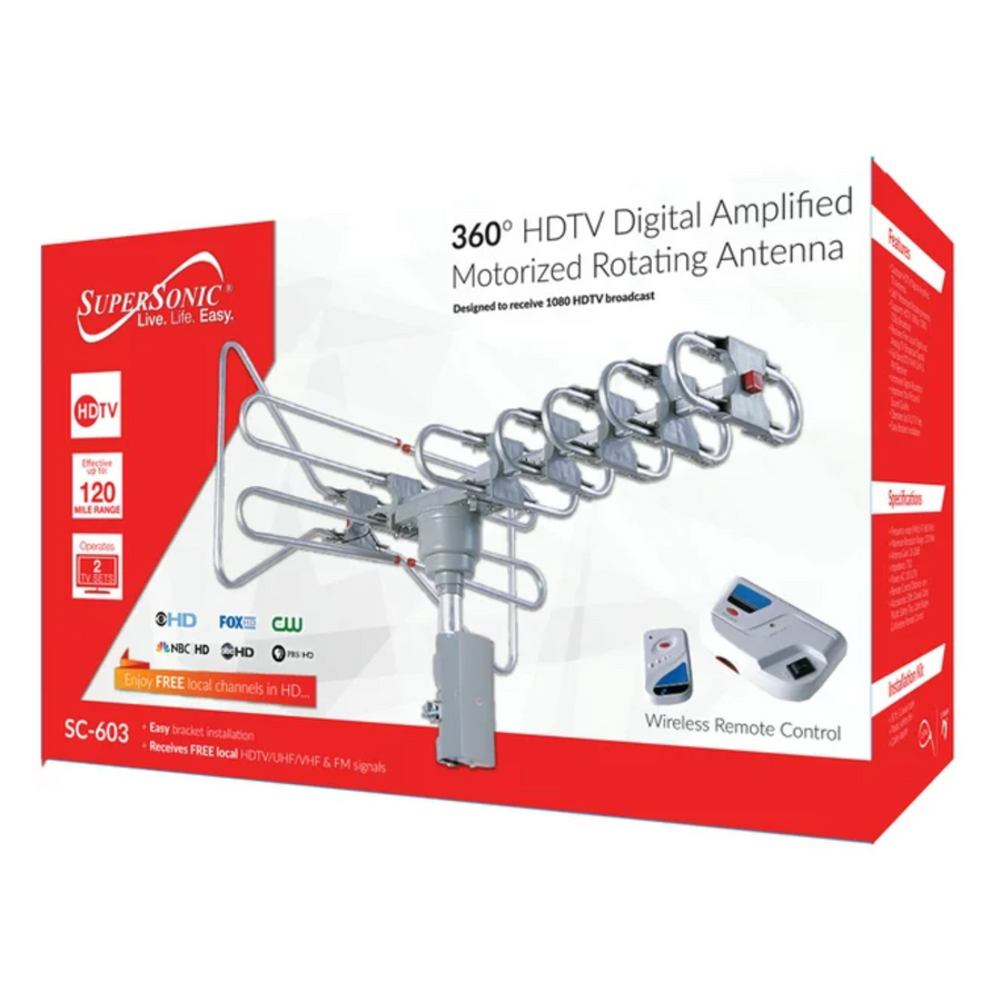 Supersonic 360-Degree HDTV Digital Amplified Motorized Antenna with Remote Control, Supports 2 TV Sets (SC-603)