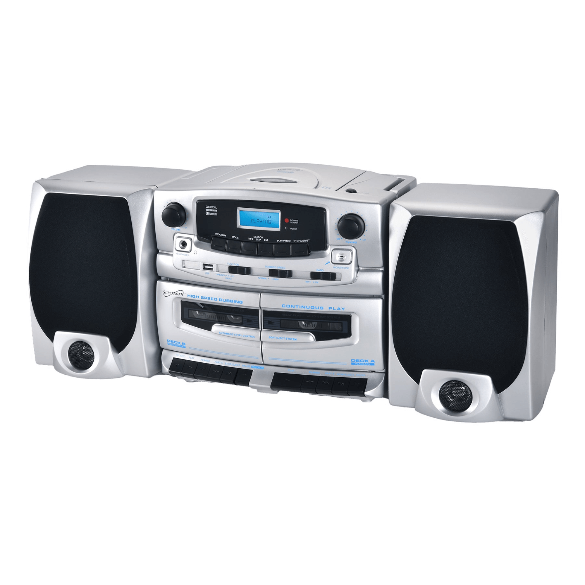 Supersonic Bluetooth Audio System with Double Cassette Recorder & Built-In Mic (SC-2121BT)