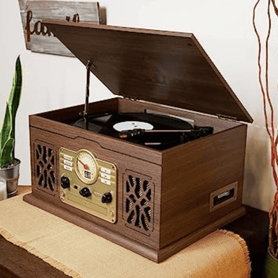 Victor State 7-in-1 Wood Music Center with 3-Speed Turntable and Dual Bluetooth